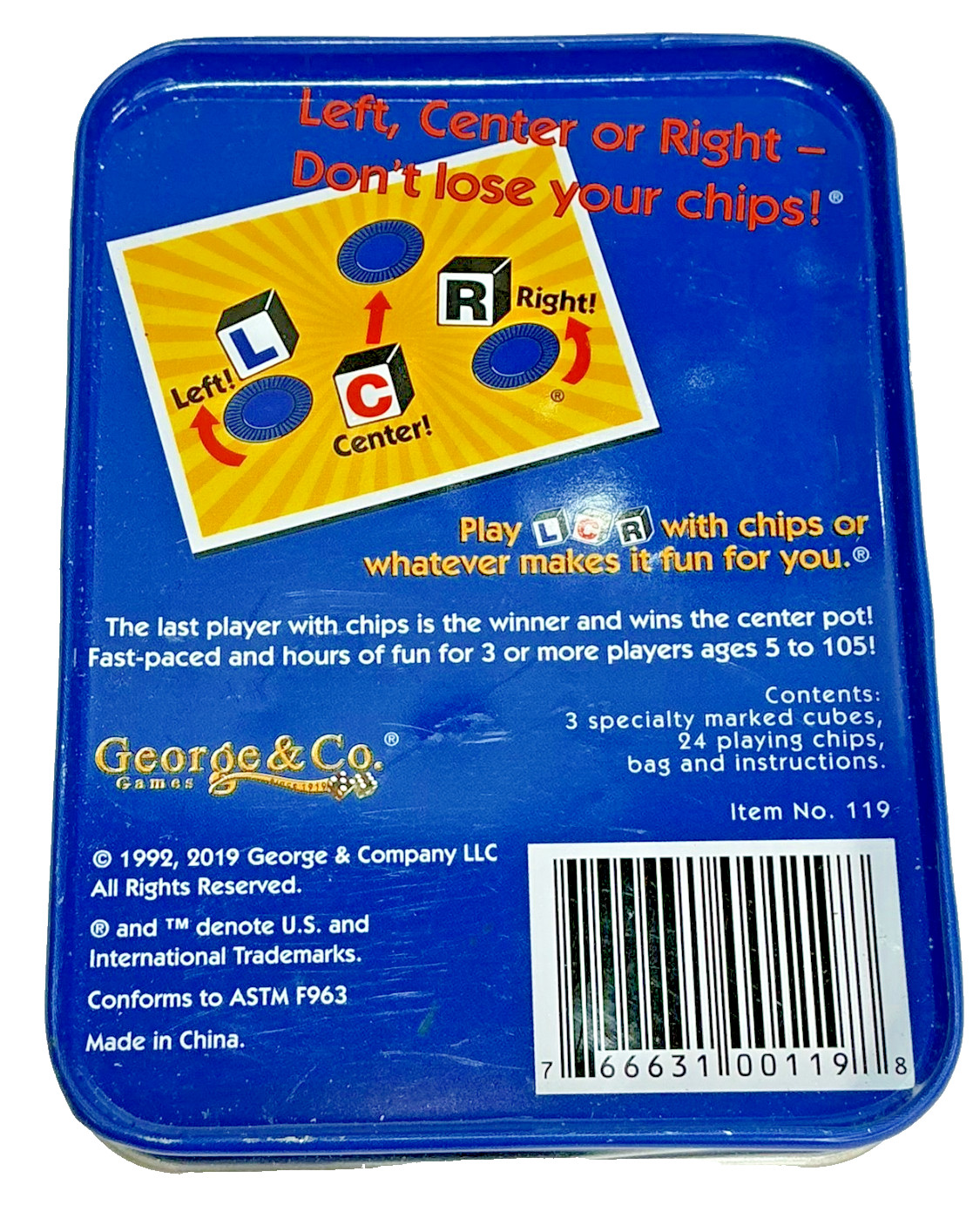 LCR® Left Center Right™ Dice Game – Blue Tin