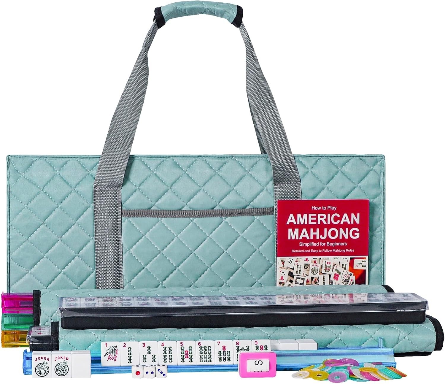 Engaging American Mahjong Set for 4: Complete with Tiles, Racks & Blue Carry Bag