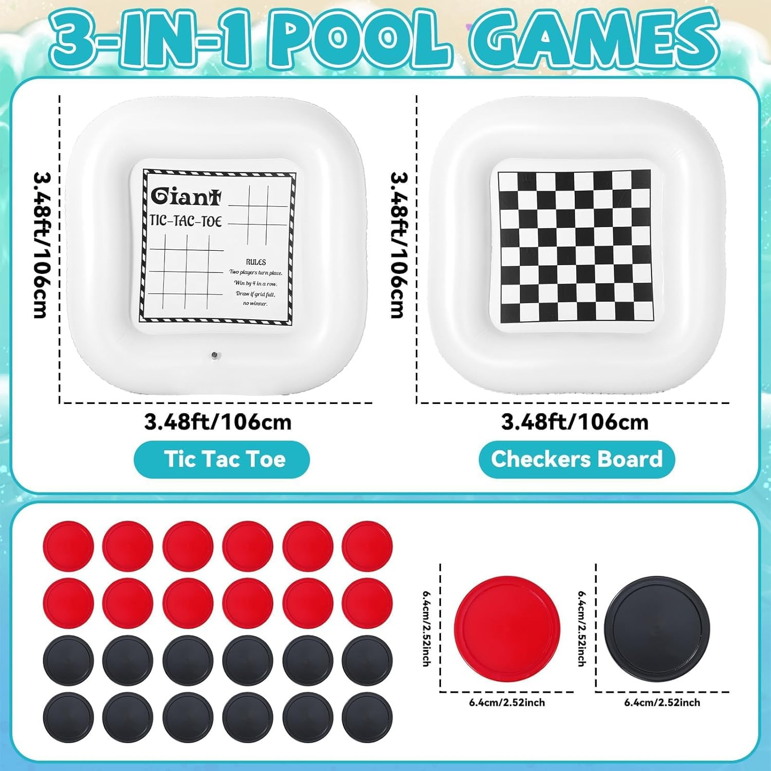 3-In-1 Pool Games Set Inflatable Giant Tic Tac Toe Checkers Board Game with 24 C