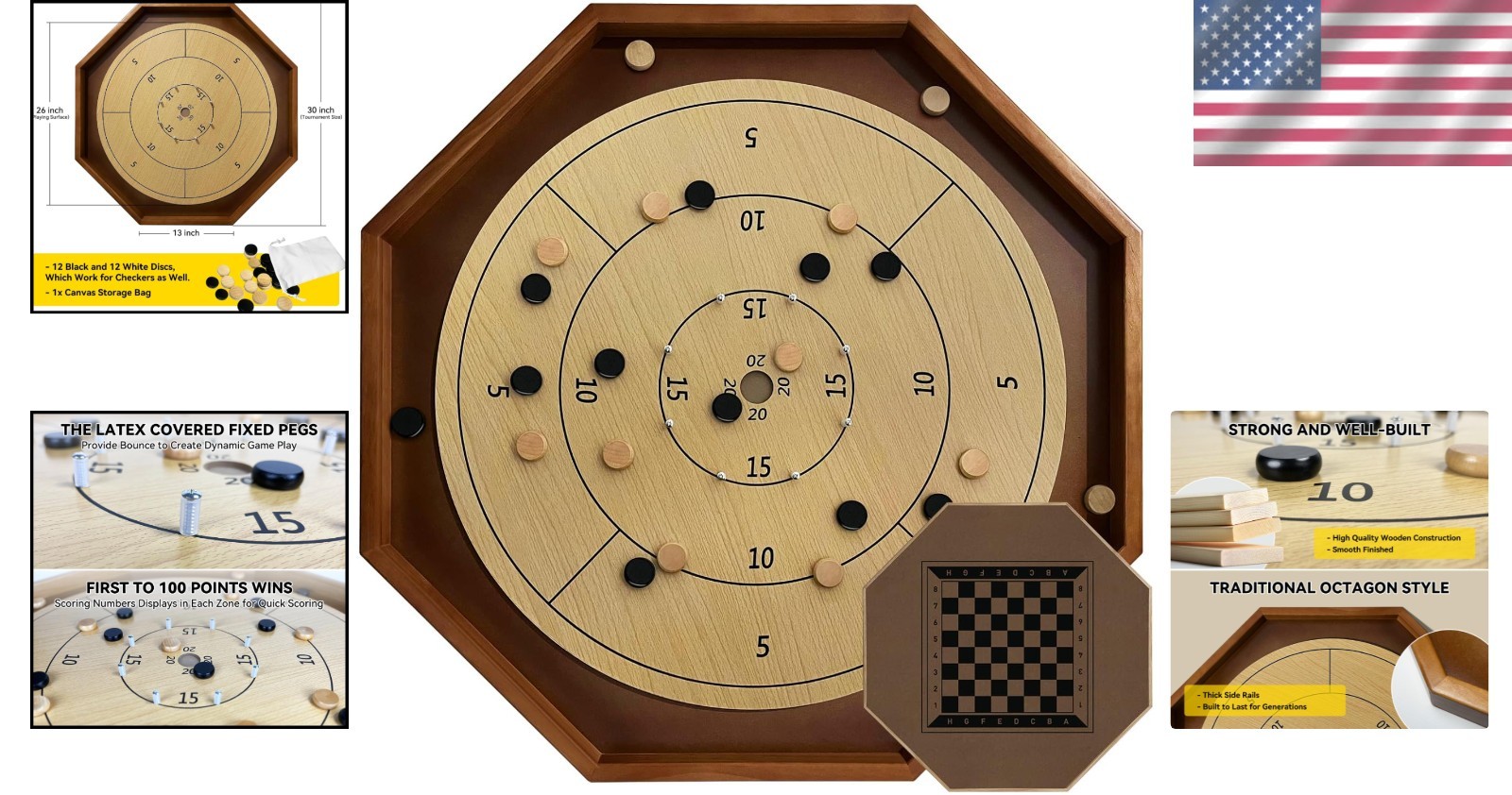 Classic 30 Inch Crokinole Board with Checkers – Perfect for Family Gatherings