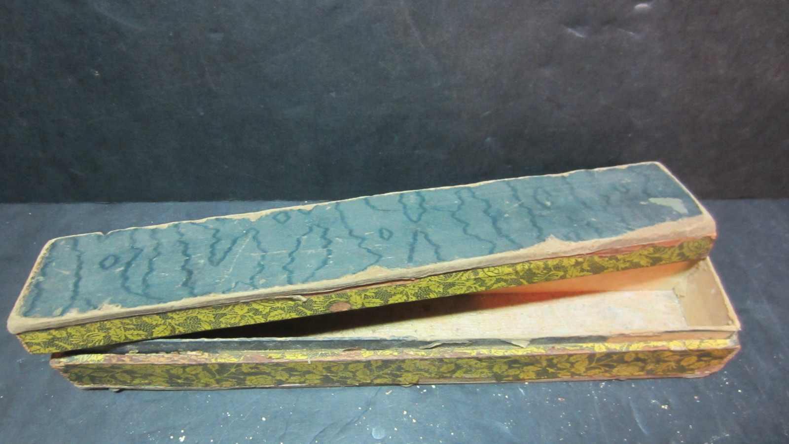 Vintage Wood Dominoes White Dots Shedding 55 Pieces in Old Floral Wood Box Worn