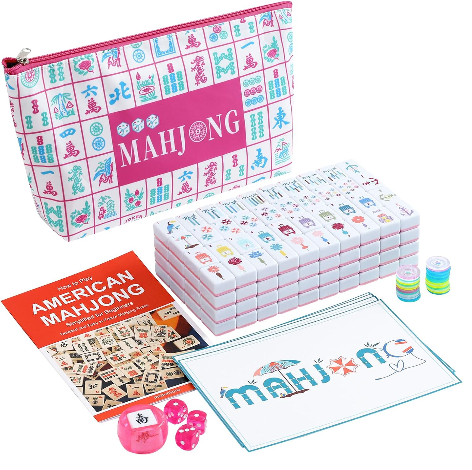 160 Pink Printed American Mahjong Game Set with Carrying Bag and Accessories,