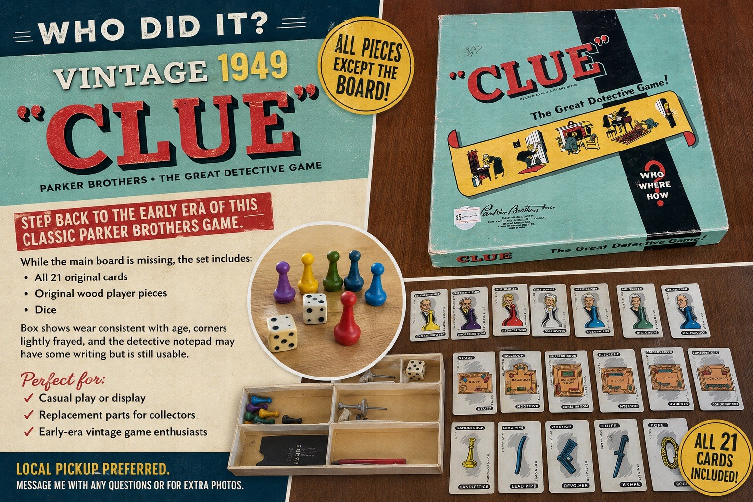 Vintage Clue Board Game Parker Brothers Yel/Blue Box 1949 Early Edition Incom.