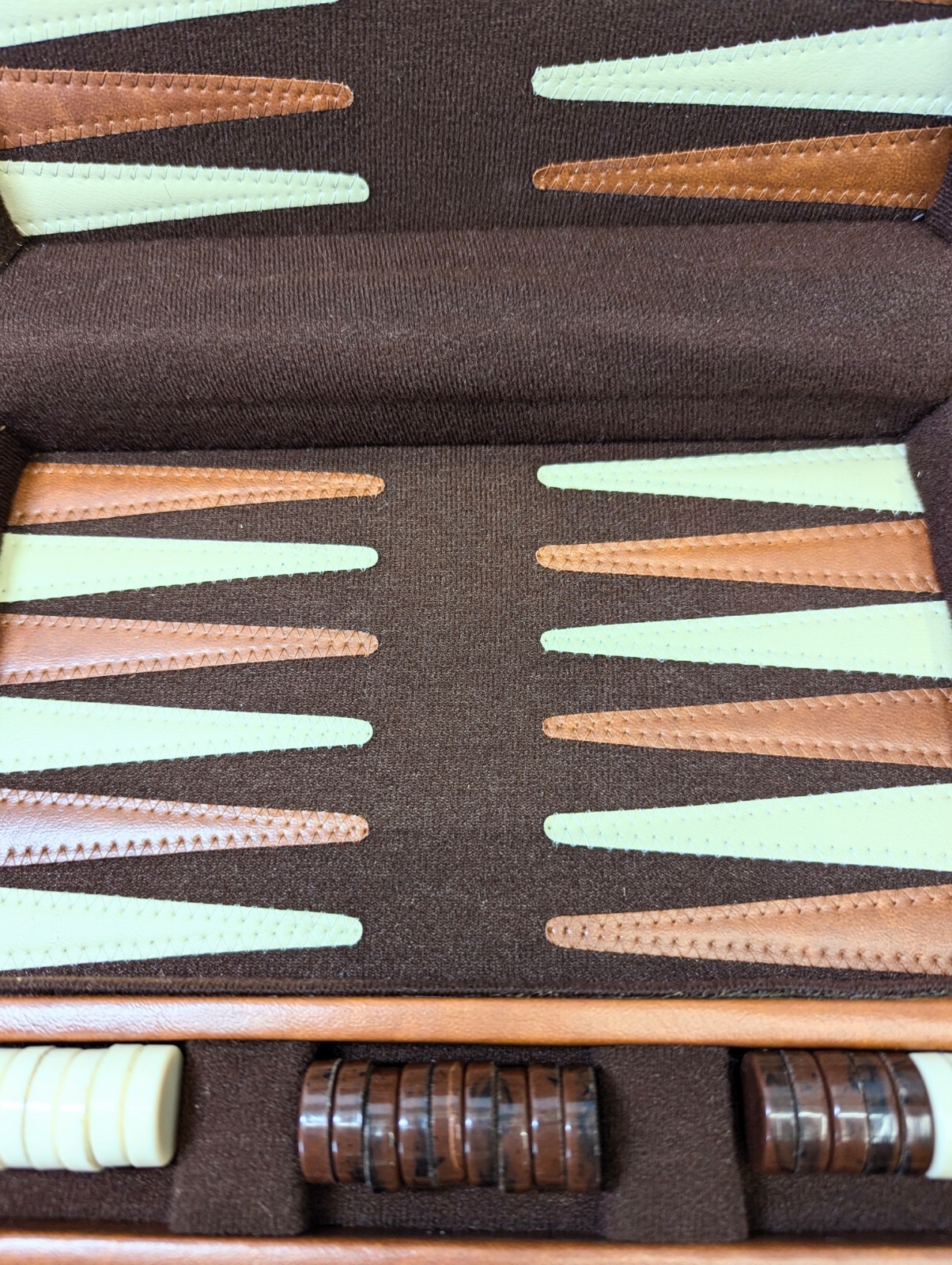 Vintage REISS Backgammon Travel BROWN FAUX LEATHER ZIPPER CASE Complete! 1970’s