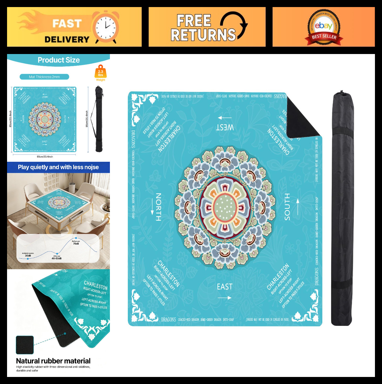 Anti-Slip Mahjong Mat 33″ x 33″ with Carrying Bag – Noise-Reducing for Board Gam