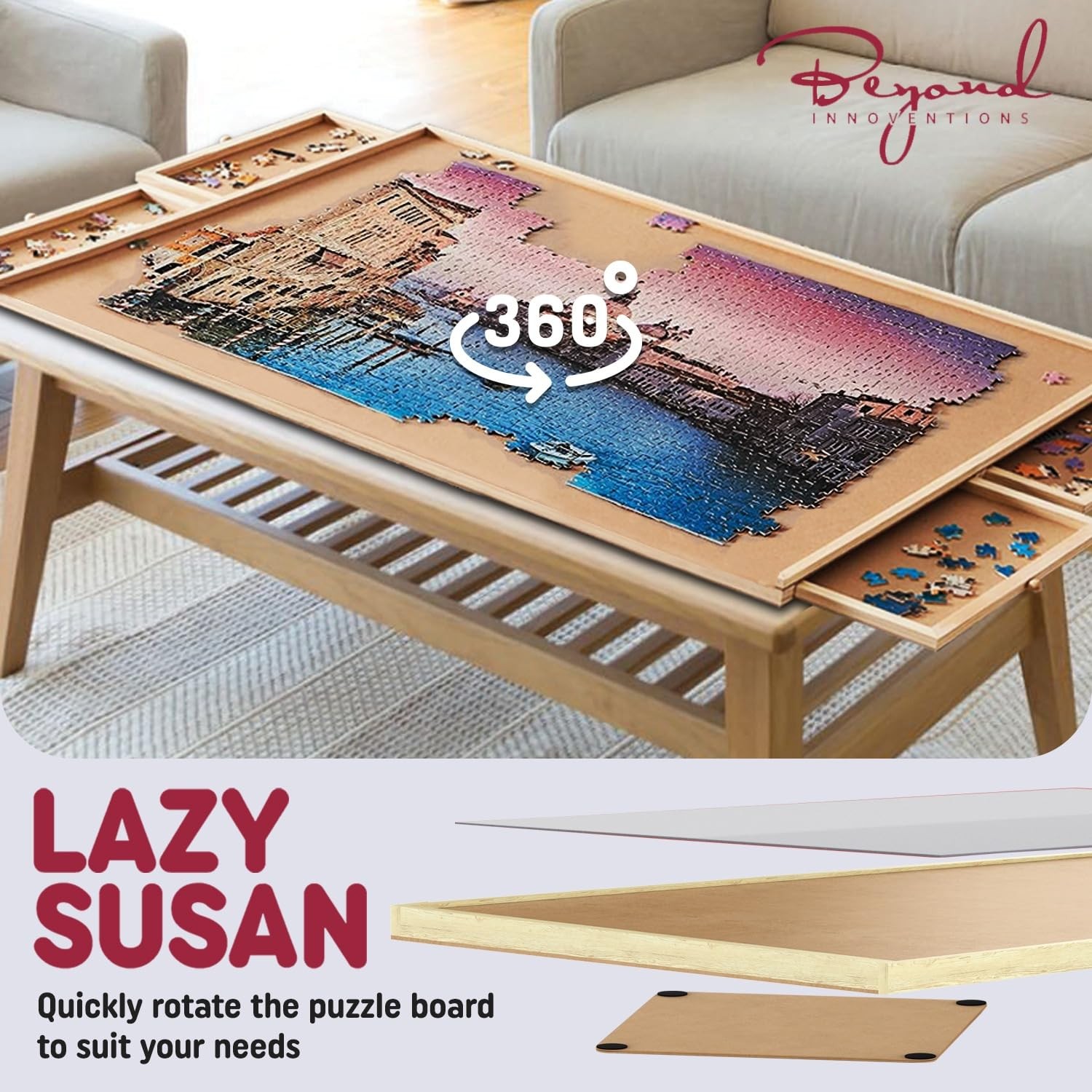 Puzzle Board 1000 Piece Rotating Wooden Jigsaw 30 X 22 BI-128 Portable Drawers