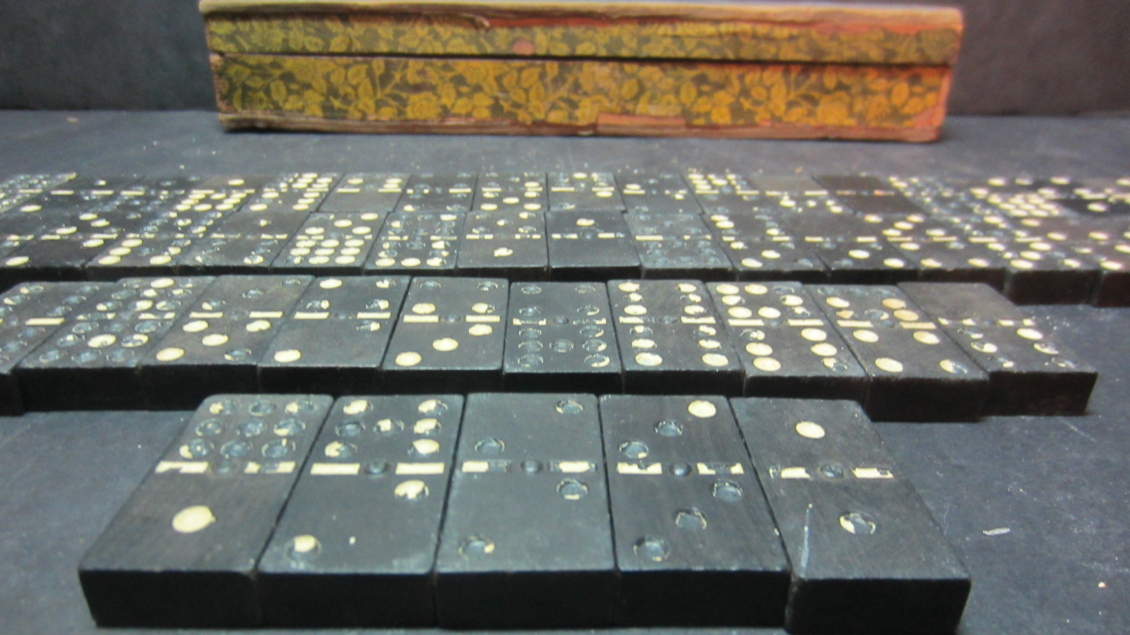 Vintage Wood Dominoes White Dots Shedding 55 Pieces in Old Floral Wood Box Worn