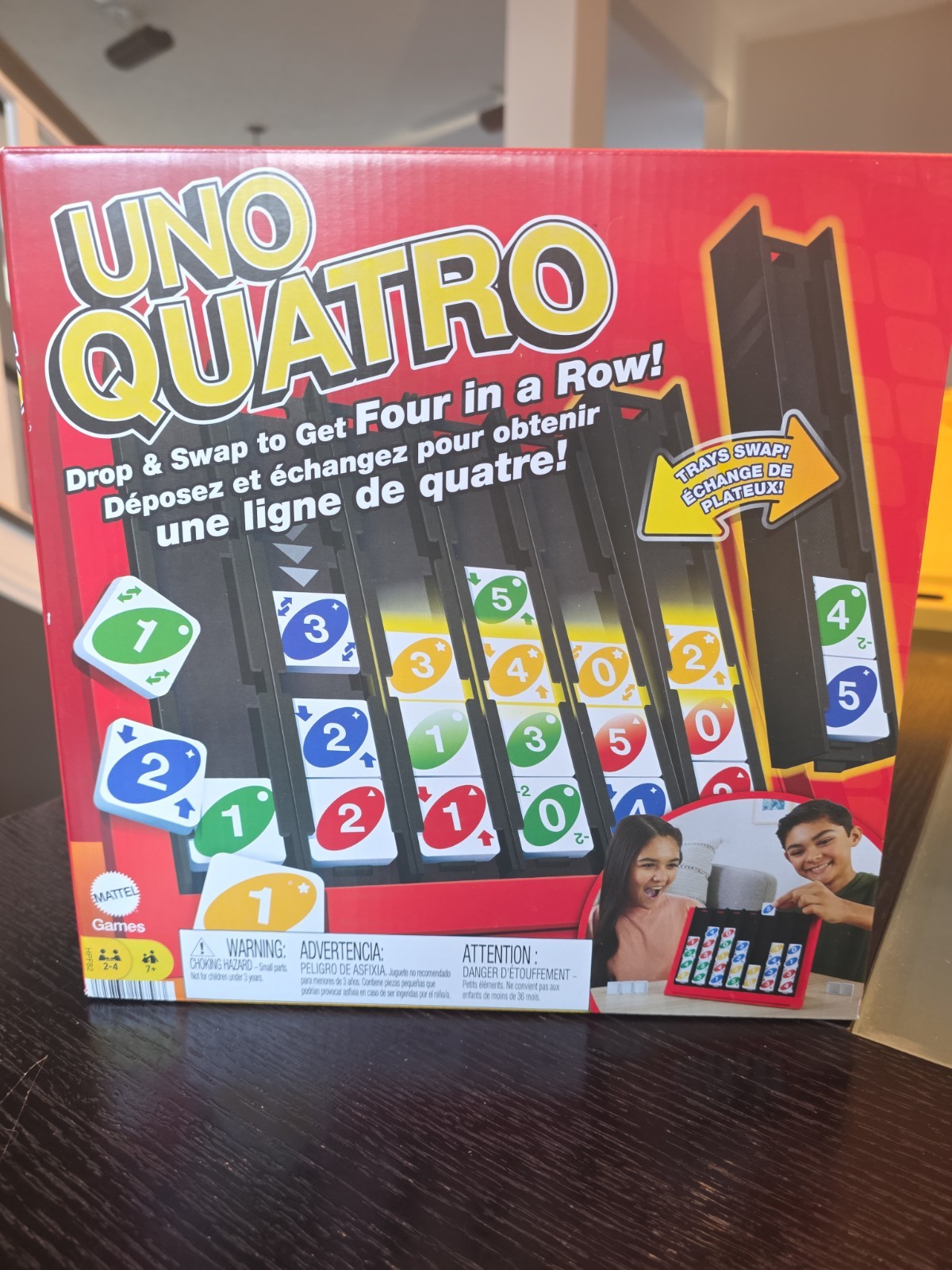 UNO Quatro Game with Colored Tiles & Plastic Game Grid for Adults/Family