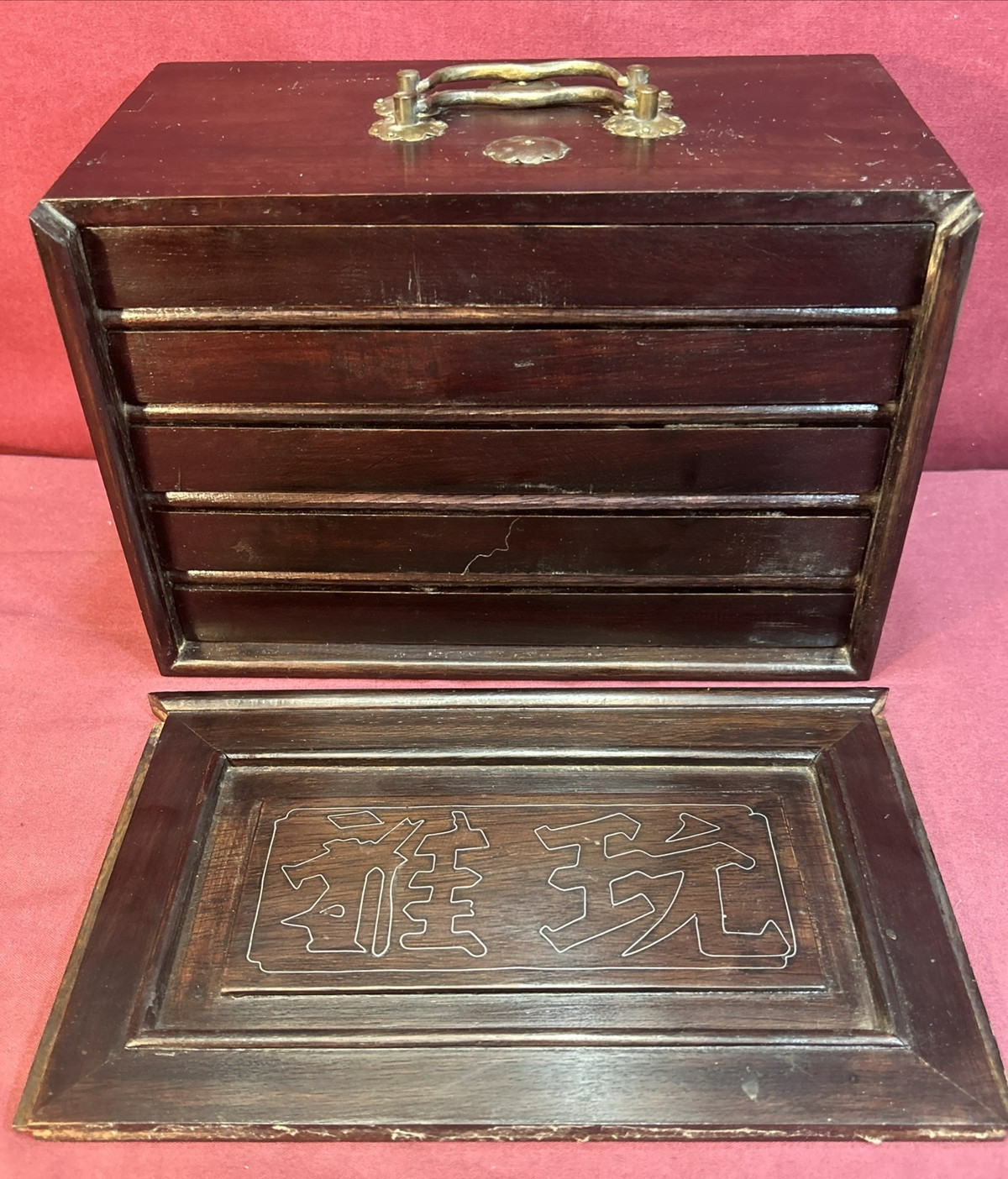 Vtg Chinese Mahjong Tiles Set w Characters Inlay Drawers Box Chest