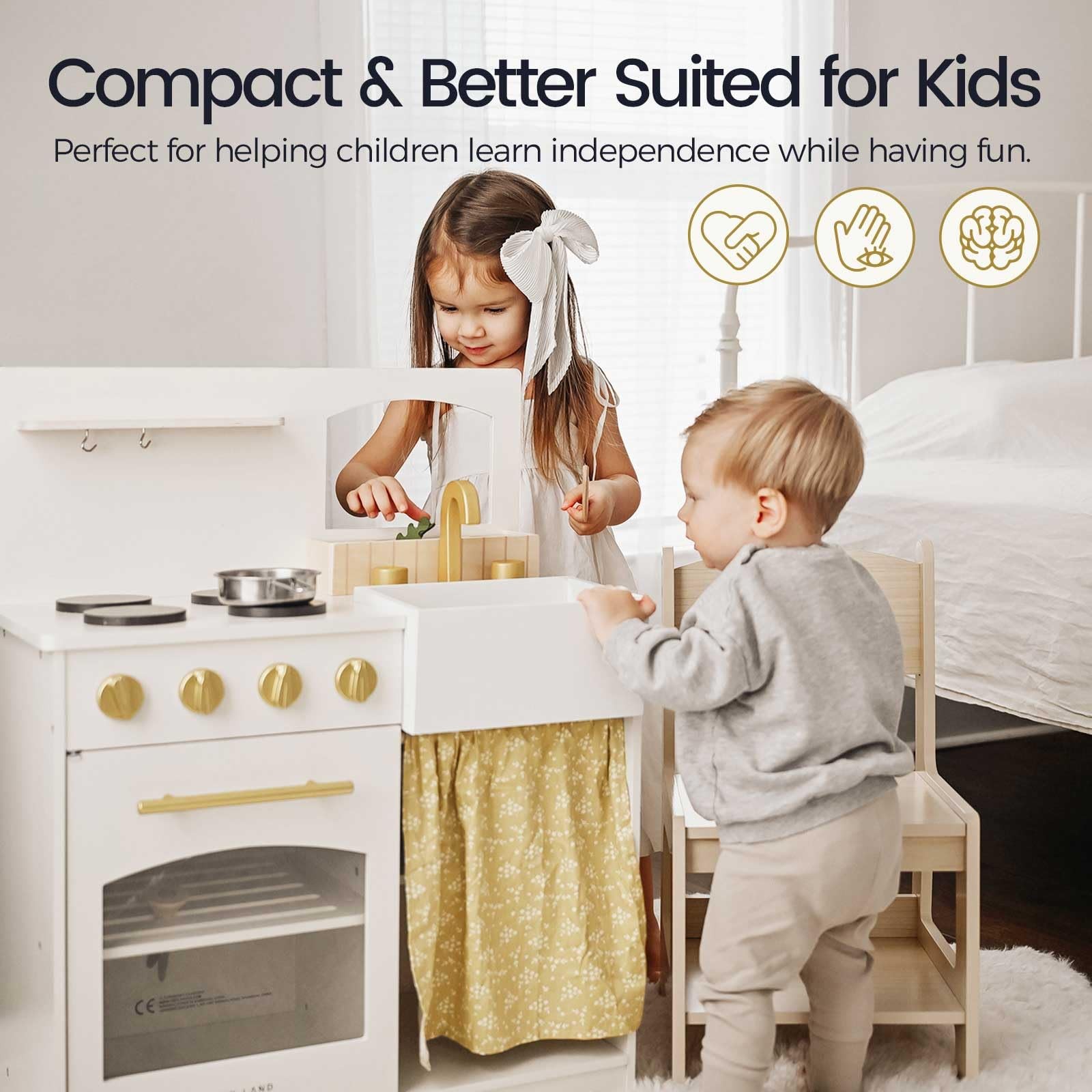 Wooden Play Kitchen Toddlers Compact Cream Pretend Set TLTGPK003WT Tiny Land