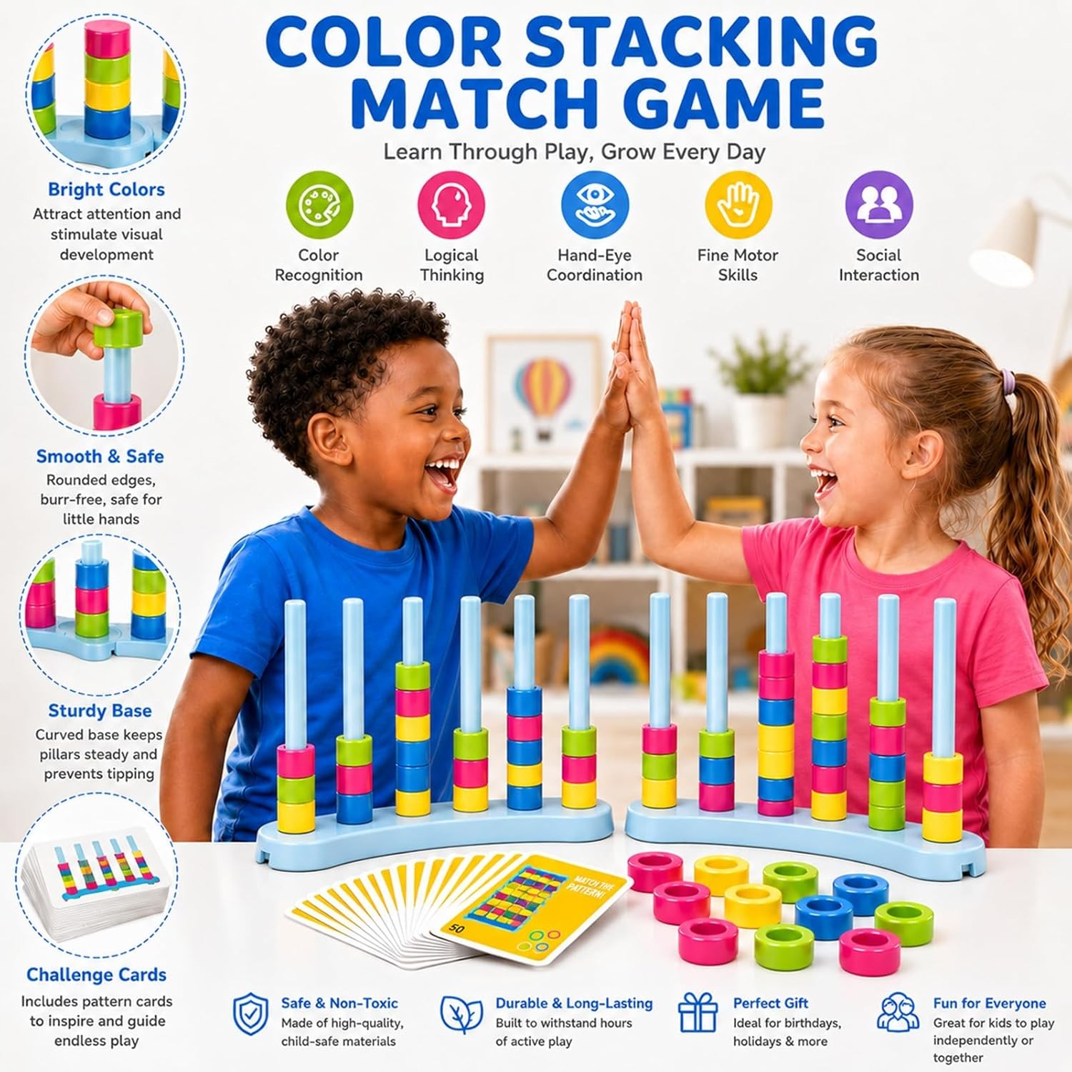 2 Pack Color Stack Challenge Game – Stacking Board Game Set with 2-4 Players Kid