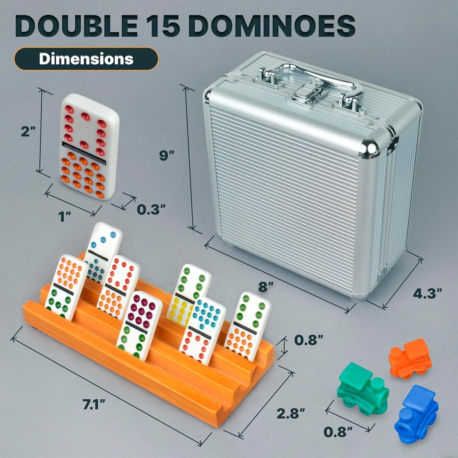 Queensell Mexican Train Dominoes Set Double 15 with 8 Holders – Wooden Hub and T