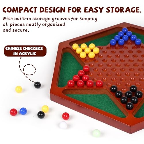 Wooden Chinese Checkers Board Game Set, 13.5 Inch Classic Strategy Game with