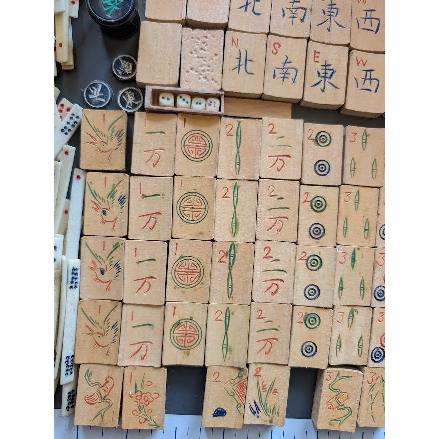 Antique 20s Admiral Mahjong Set Bone Bamboo Tiles Sticks Tin Box Hand Carved