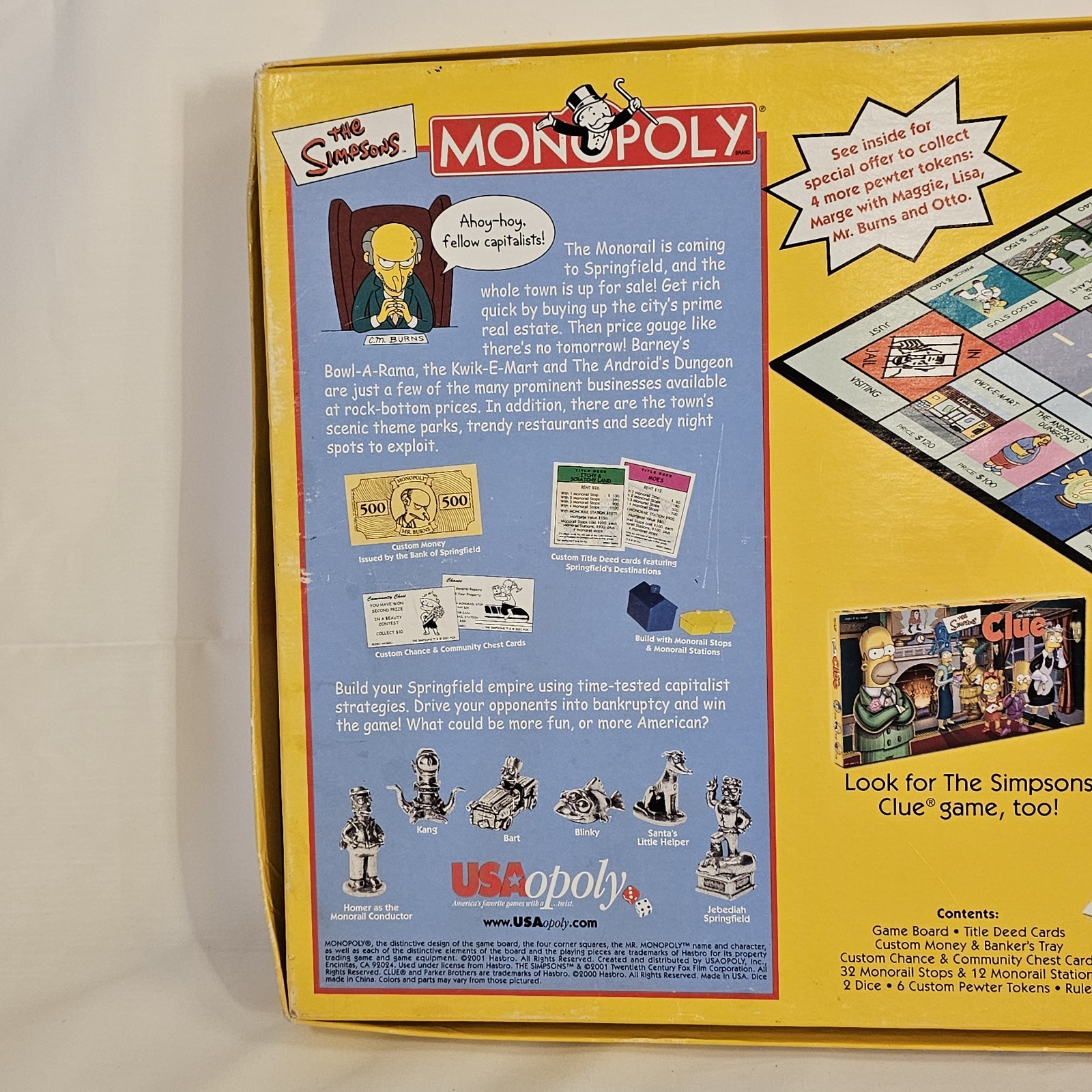 Simpsons Monopoly Board Game 2001 USAopoly Parker Brothers Incomplete 3 Pieces