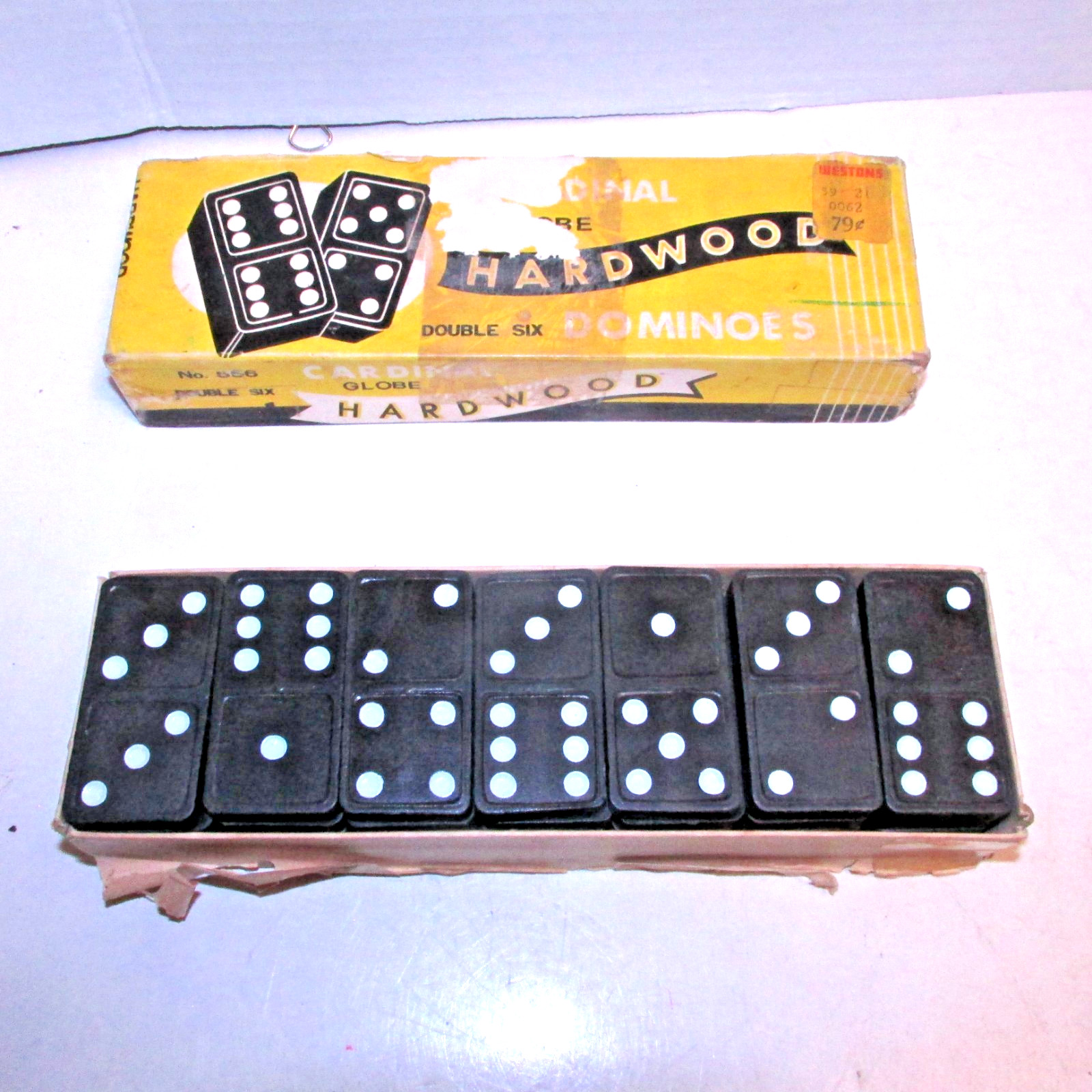 Vintage Dominoes GLOBE Double Six Black Hardwood Japan #556 Cardinal Products NY