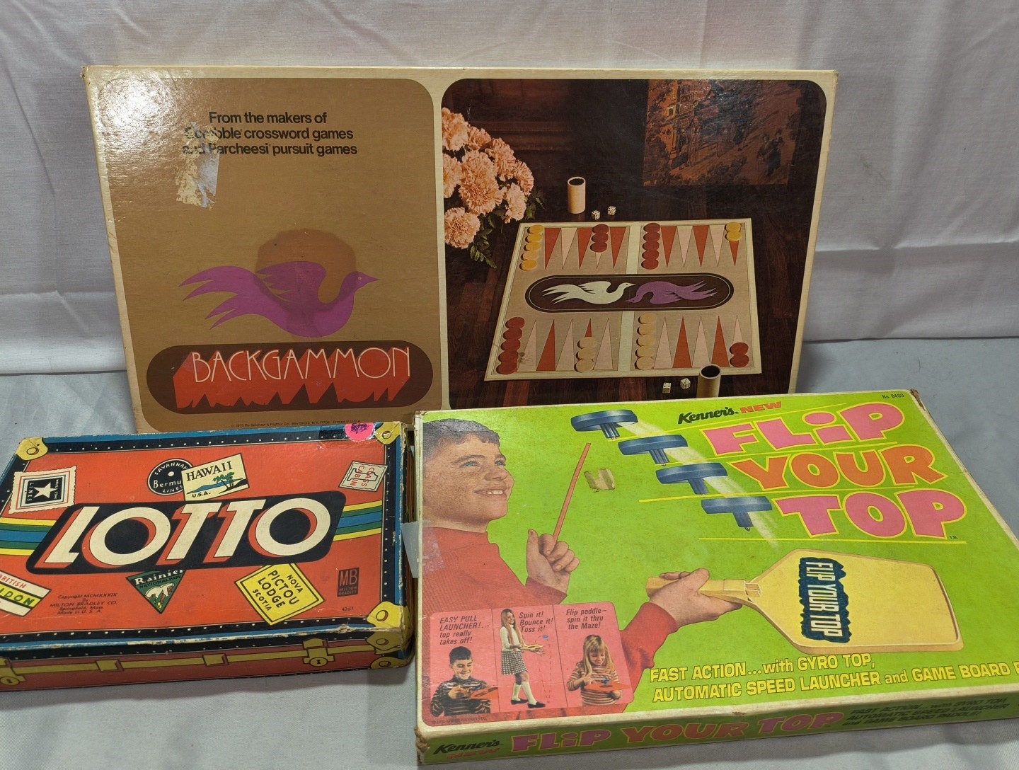 Vintage Lot (3) Board Games Backgammon(Cmplt) Flip Your Top(Cmplt) Lotto See Pic