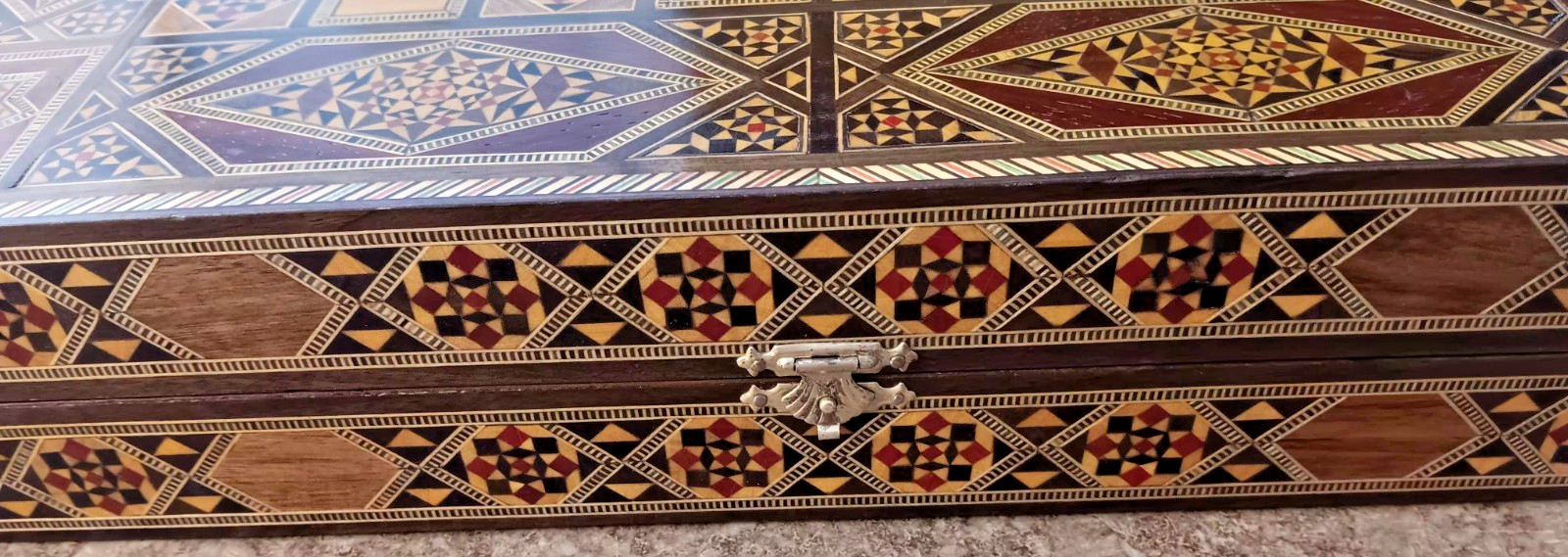 Wood Backgammon Game Box Vintage Inlaid Wood Middle Eastern Mosaic 16x8x3 inches