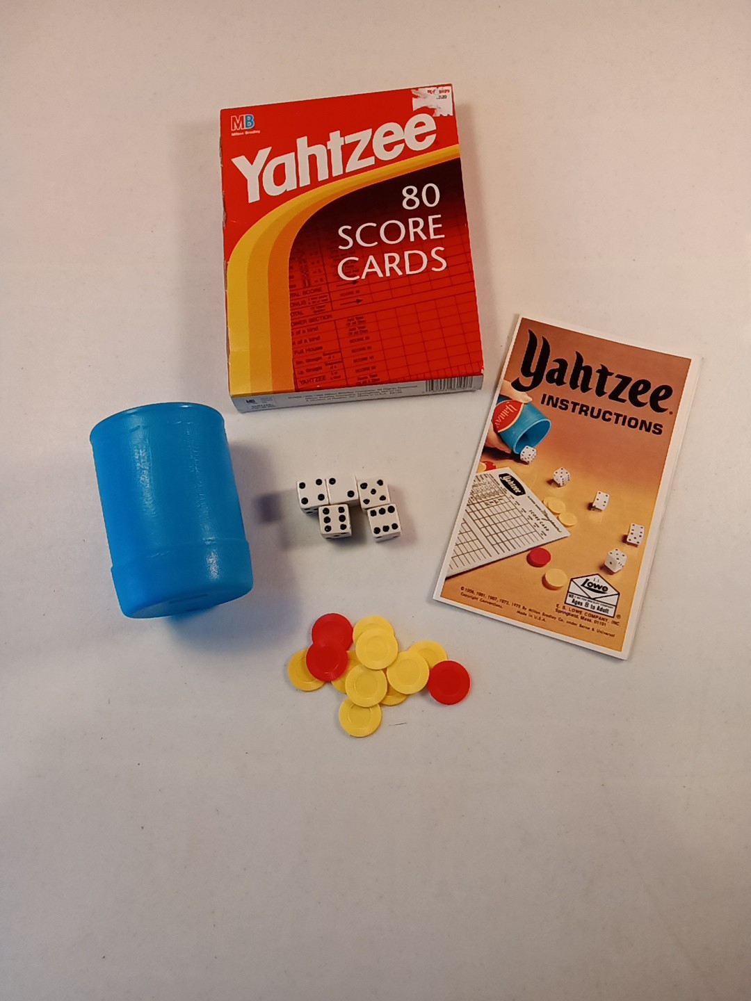 Vtg.Yahtzee Replacement Parts: Cup, 5 Dice, Chips, Manual,& Sealed Score Cards
