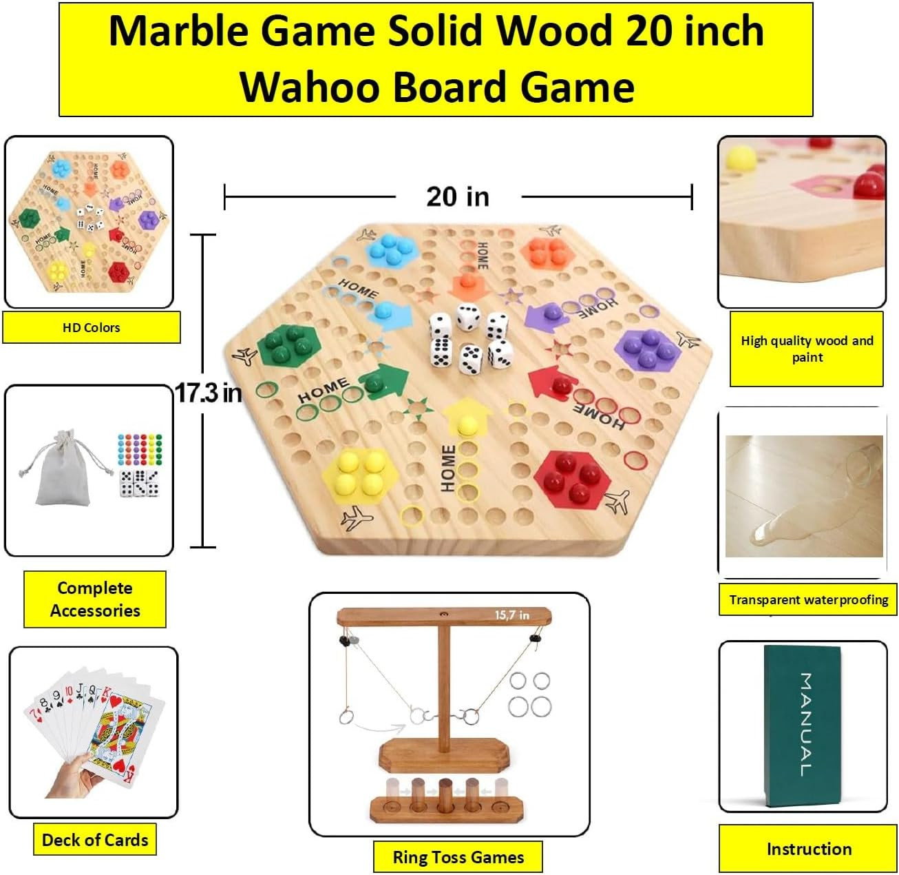 Wooden Wahoo Marble Board Game , Double-Sided, for 2-6 Players, with 24 Marbles
