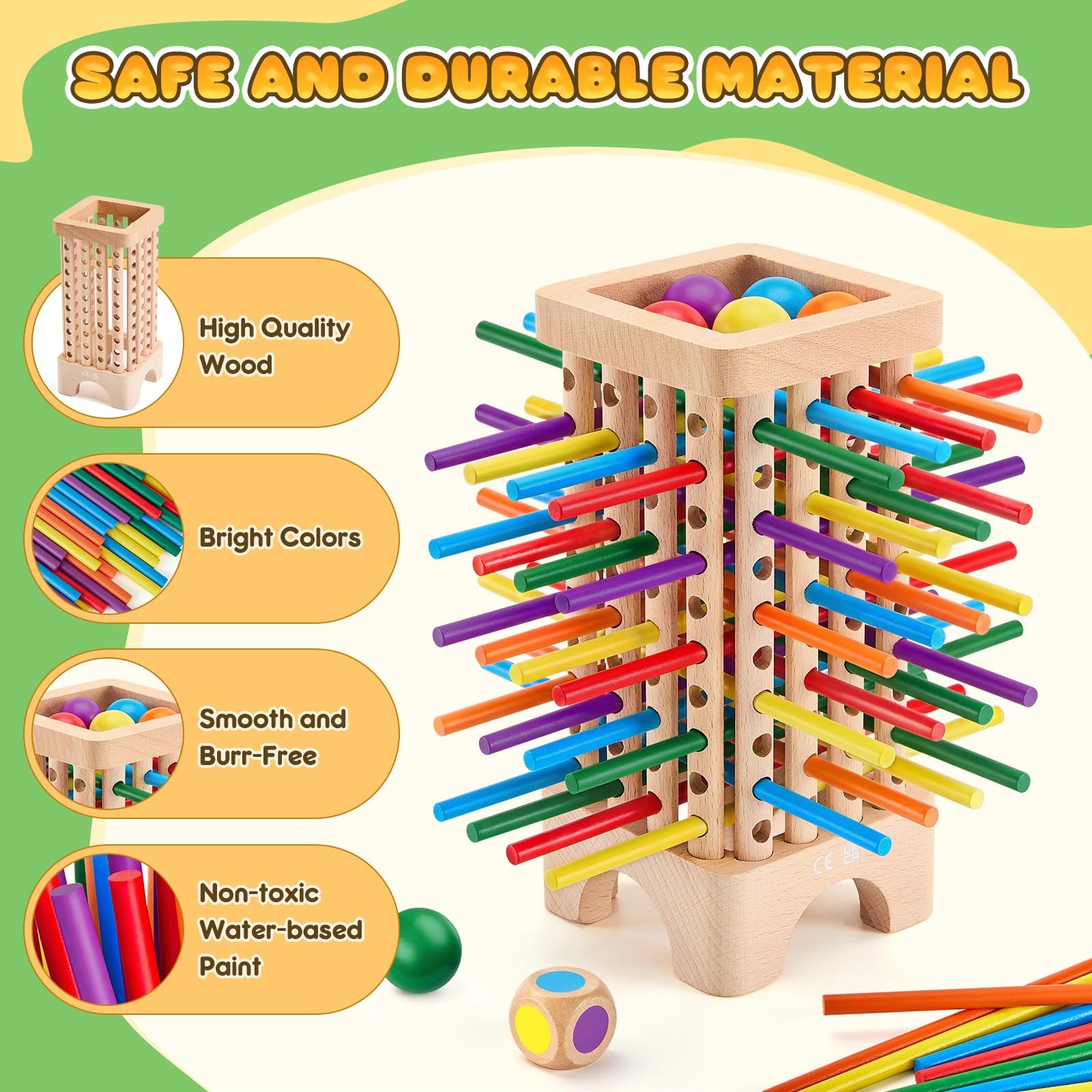 Montessori Game Wooden Board Games, 42 Colorful Sticks Dice Game Math Learnin…