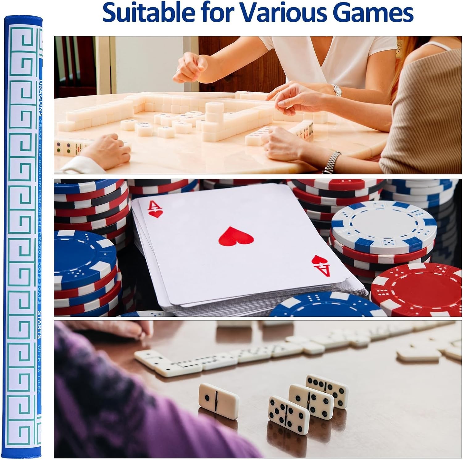 Blue American Learning Mahjong Mat (33”X33”) with Black Carrying Bag, Anti-Slip,