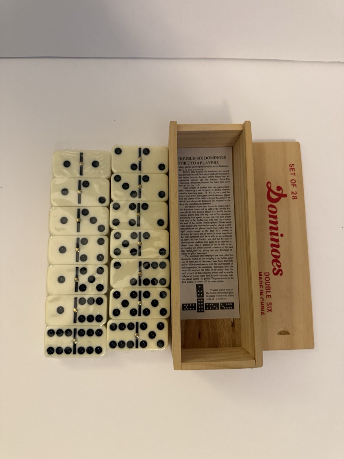 Premium Set of 28 Double Six Dominoes with Wood Case, Brown, 28 Piece.