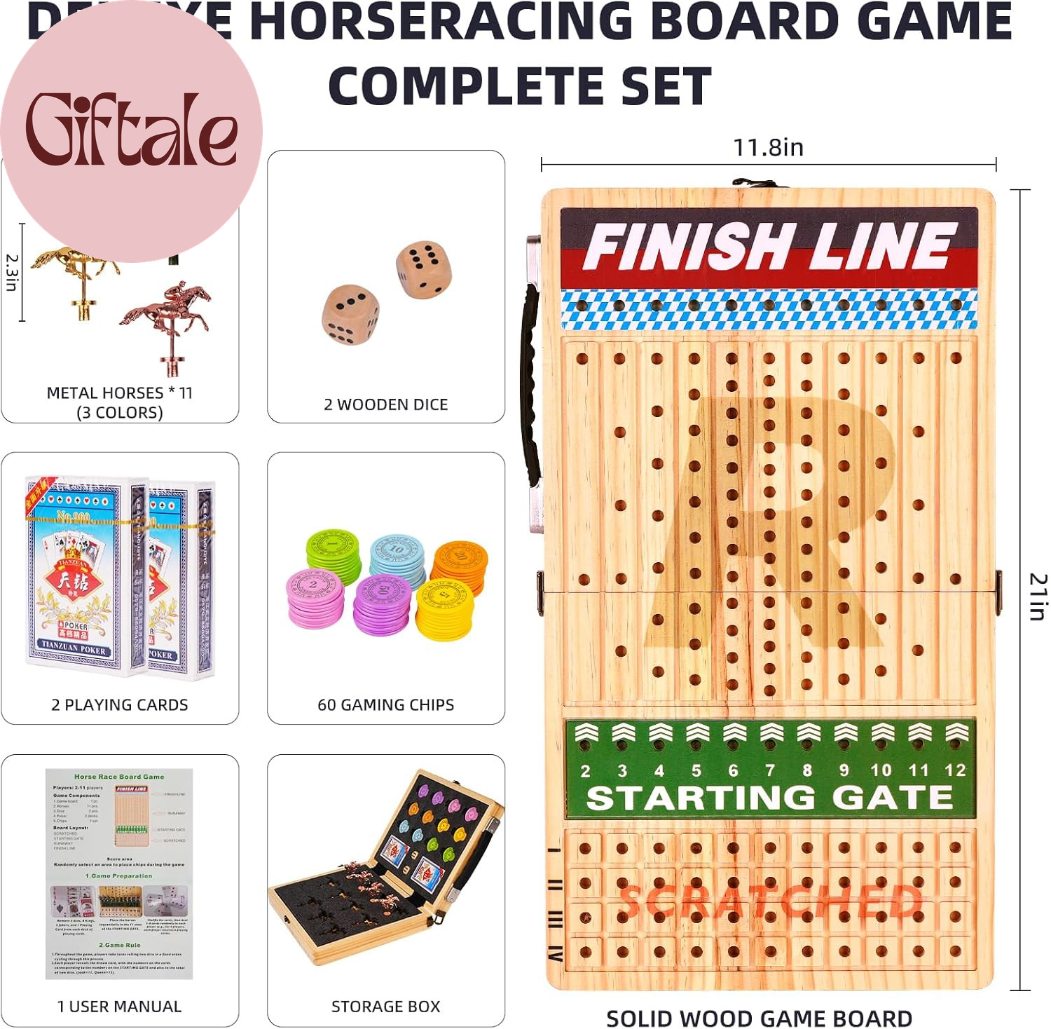 21″ Large Horse Race Board Game – Solid Wood Horse Racing Game with 11 Metal Hor