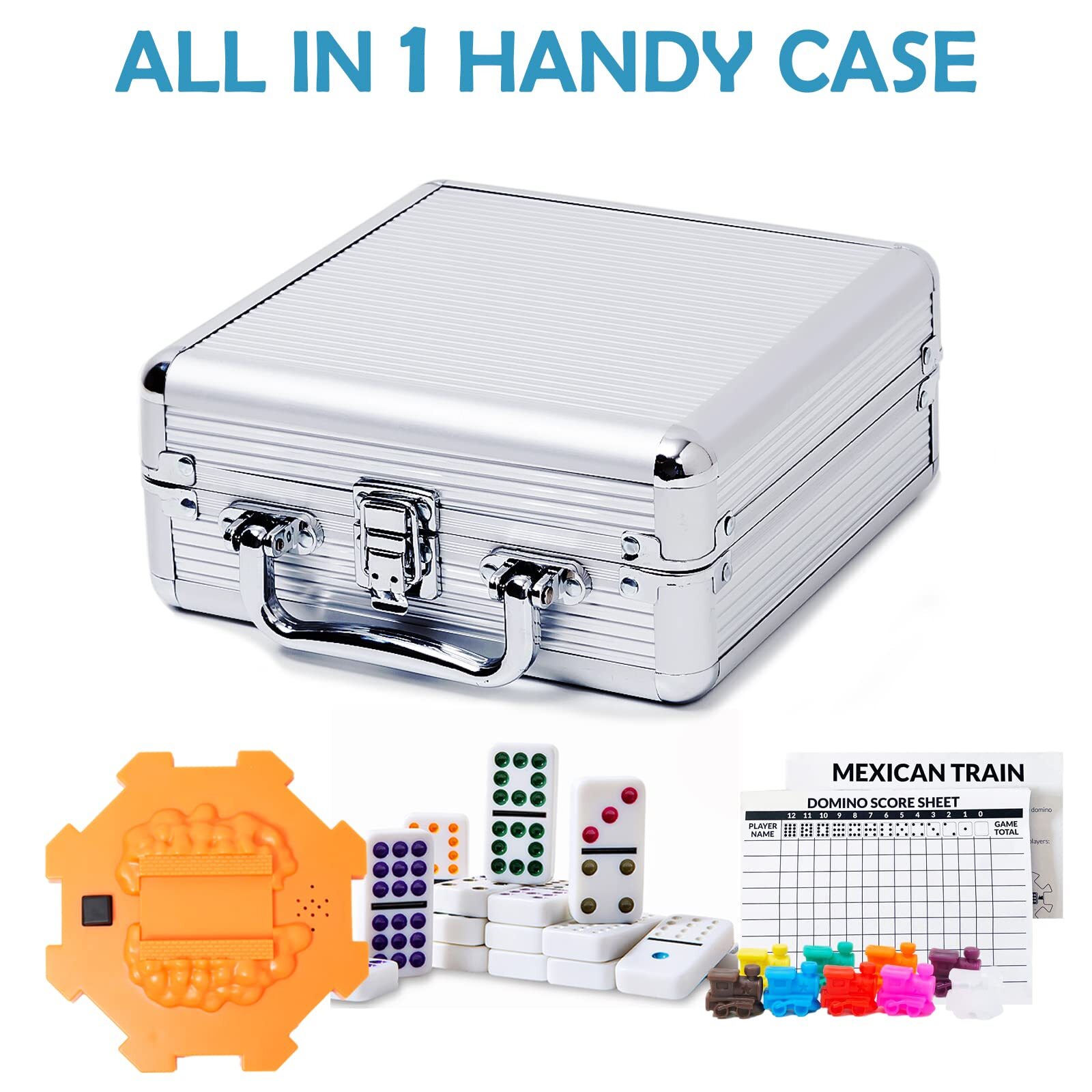 Mexican Train Dominoes Set Double 12 with 91 Tiles and Aluminum Case