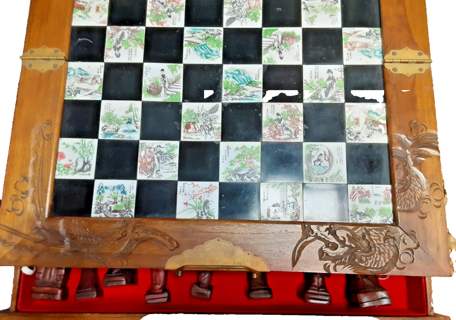 Antique handmade chess set made of natural wood and ceramic
