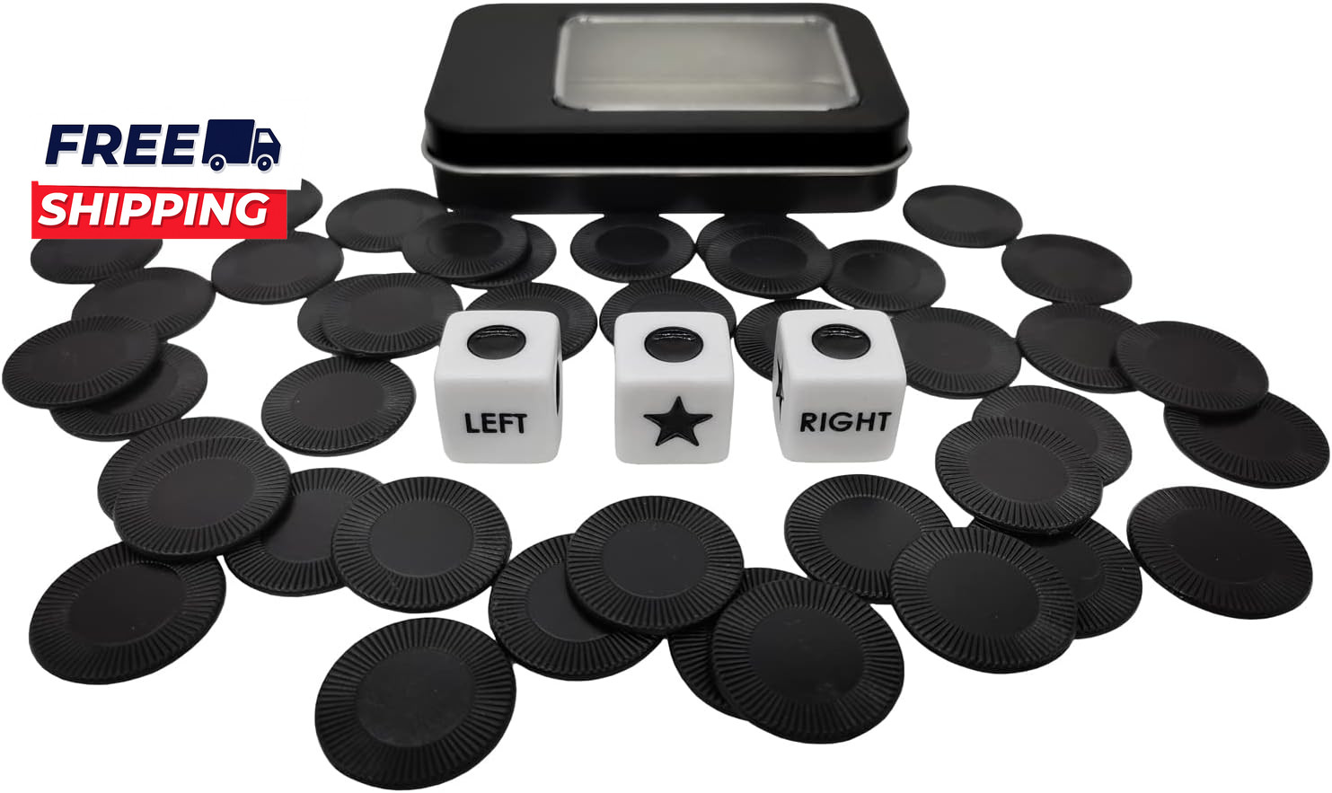 Left Right Center Dice Game Prime Set with 3 Dices + 40 Chips Left on Product