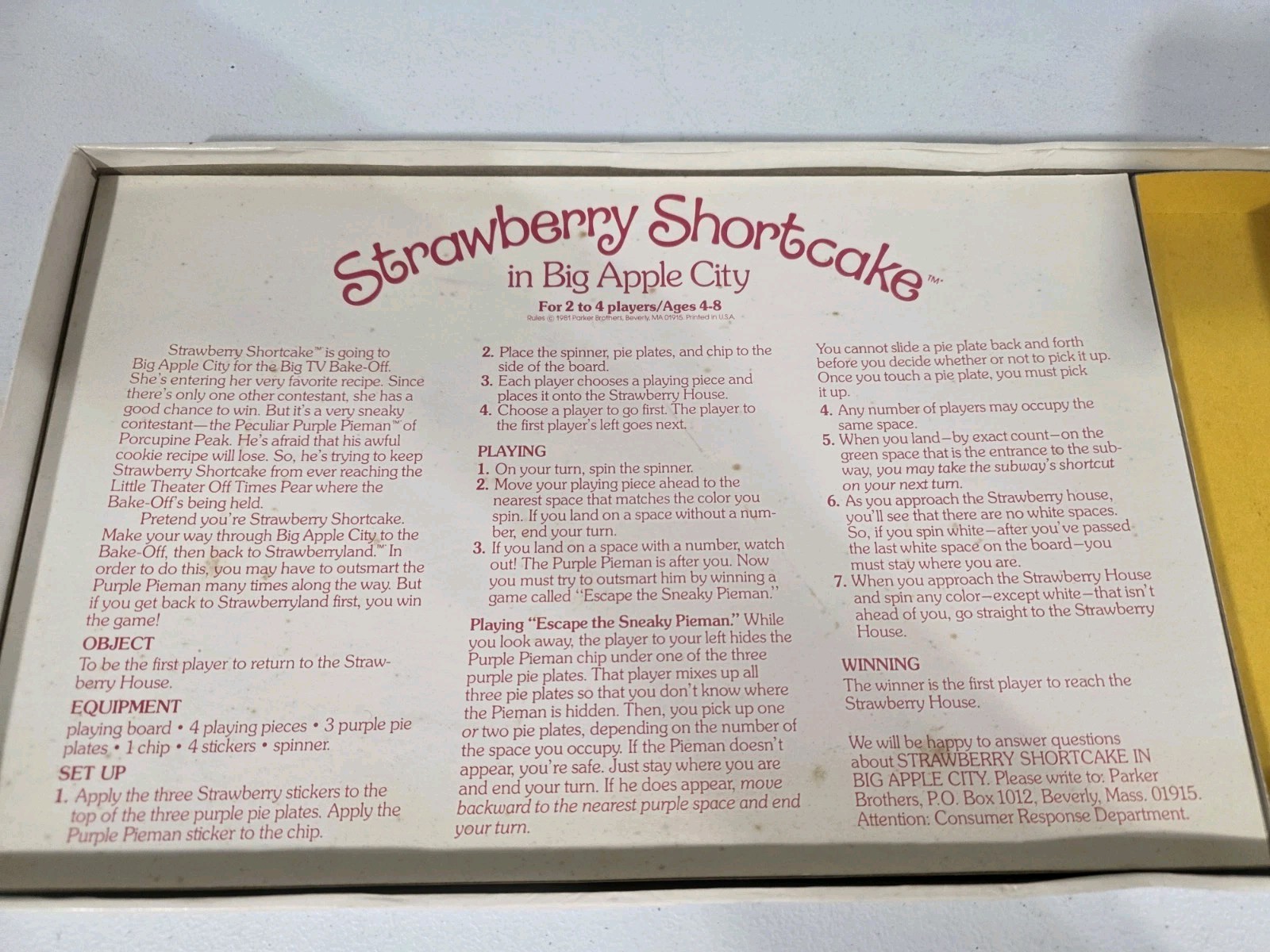 1981 Parker Brothers STRAWBERRY SHORTCAKE in BIG APPLE CITY Board Game Complete