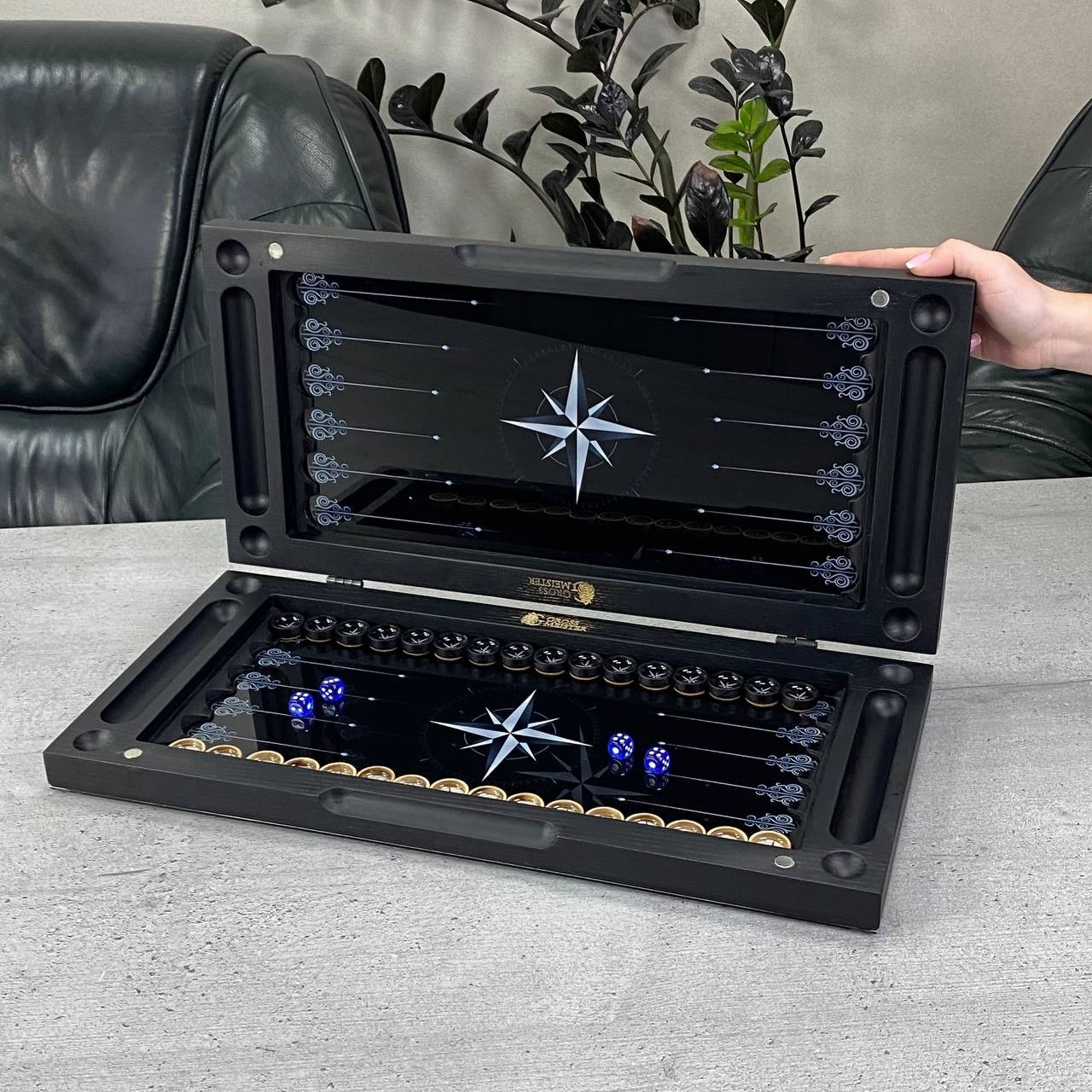 Glass & Wood Backgammon Set with Compass Design, Custom Board Game, 20×10 in
