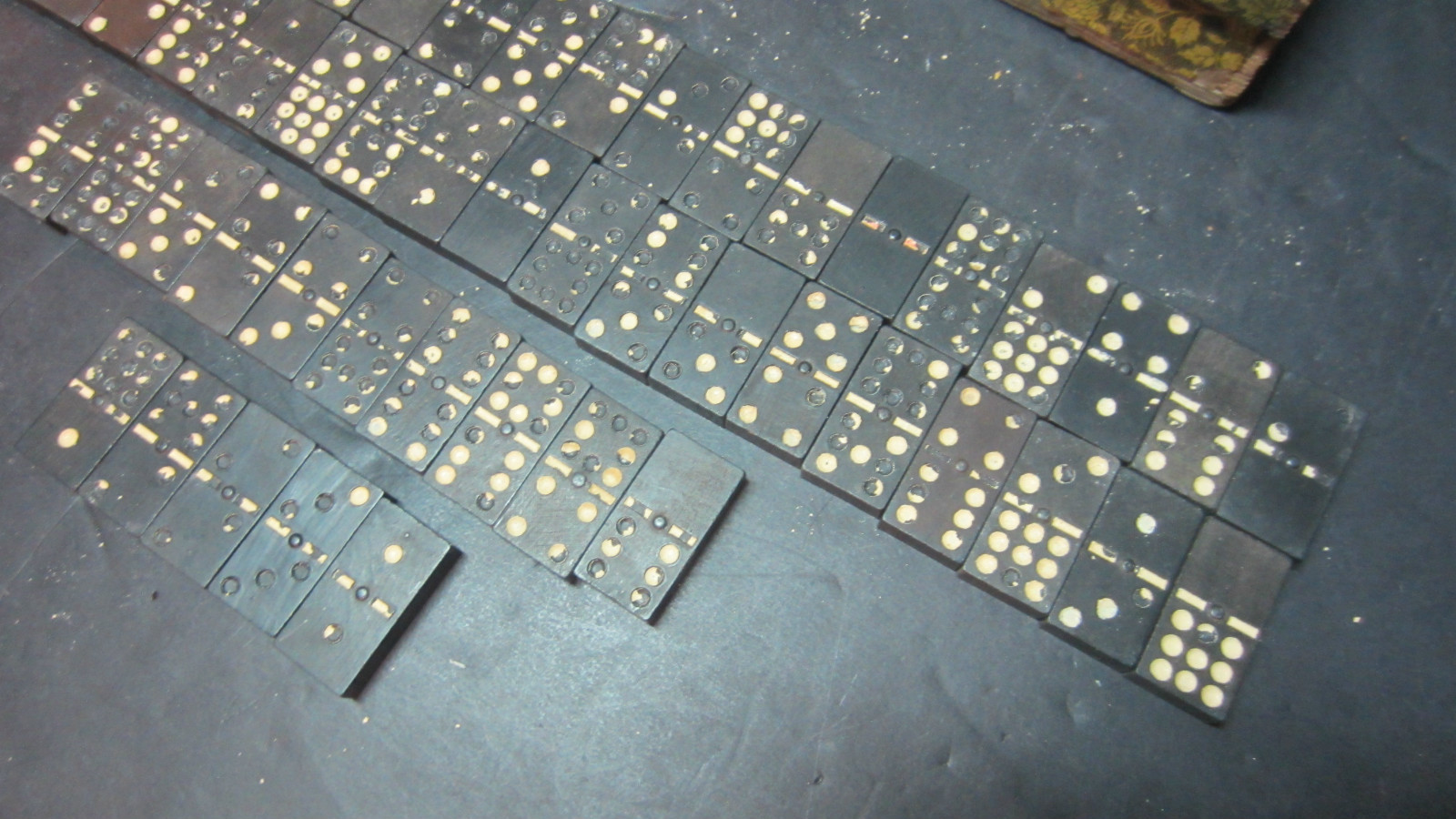 Vintage Wood Dominoes White Dots Shedding 55 Pieces in Old Floral Wood Box Worn