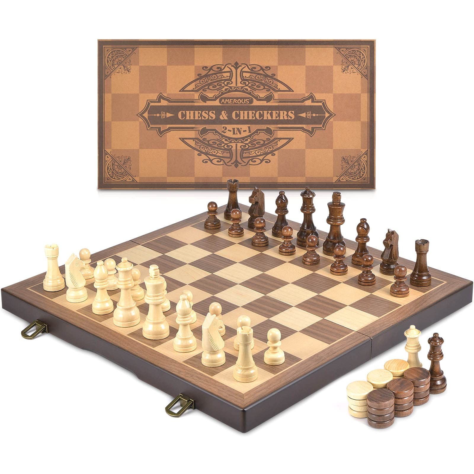AMEROUS Magnetic Wooden Chess and Checkers Game Set, 15 Inches (2 in 1) Chess…