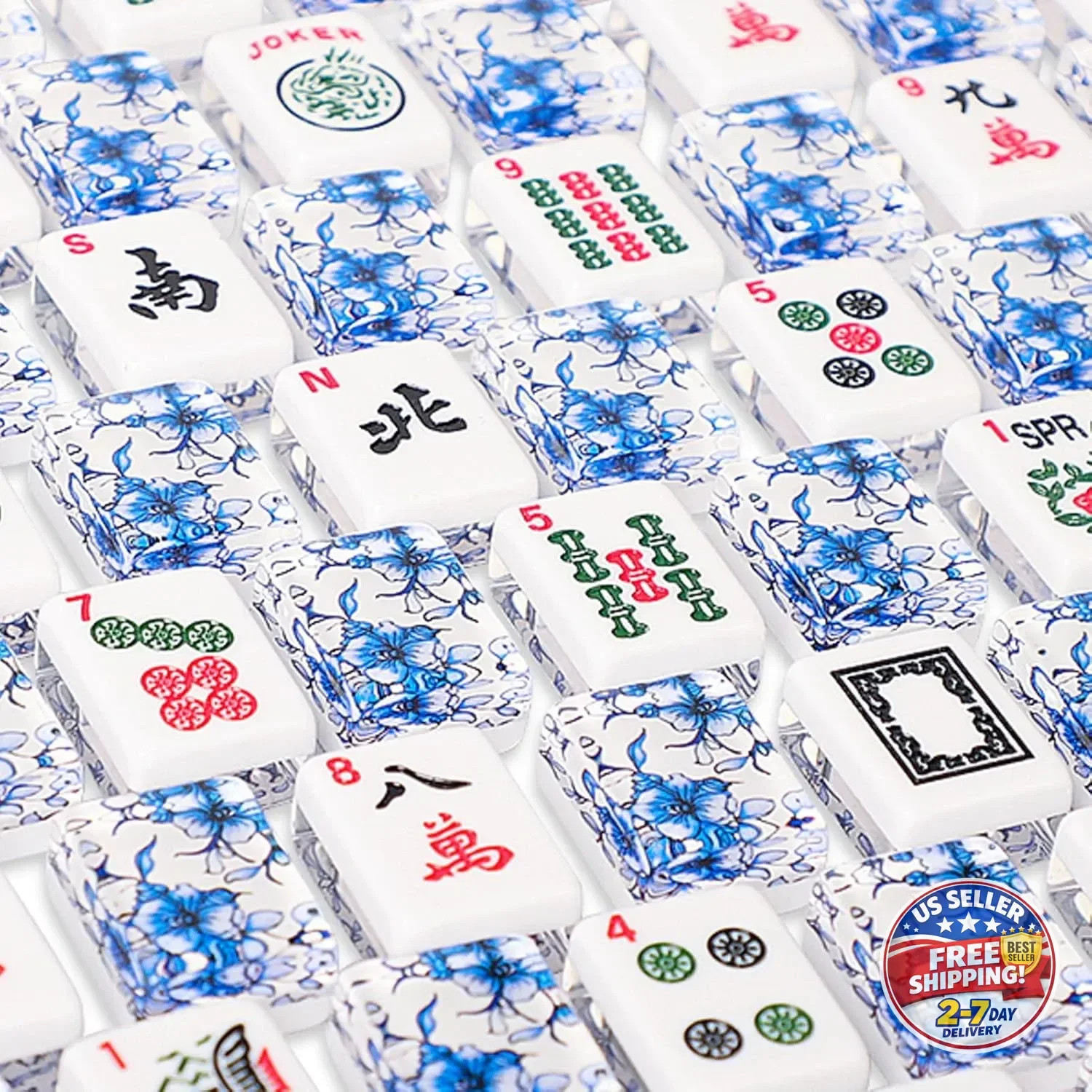 American Mahjong Set,166 Premium Acrylic Tiles with Blue Prints, 4 All-in-One Co