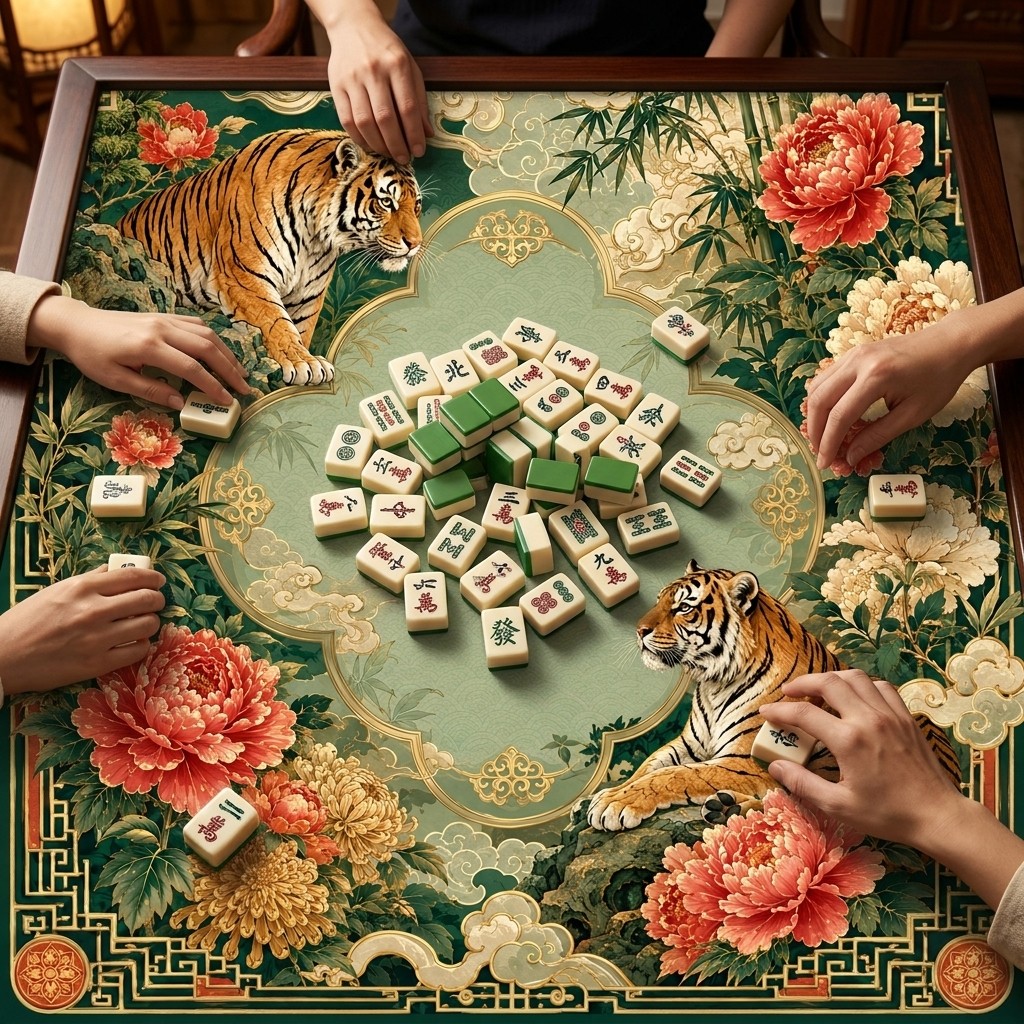 Chinese Tiger Mahjong MatNon Slip Table Pad 31.5×31.5″ With Free Carry Bag