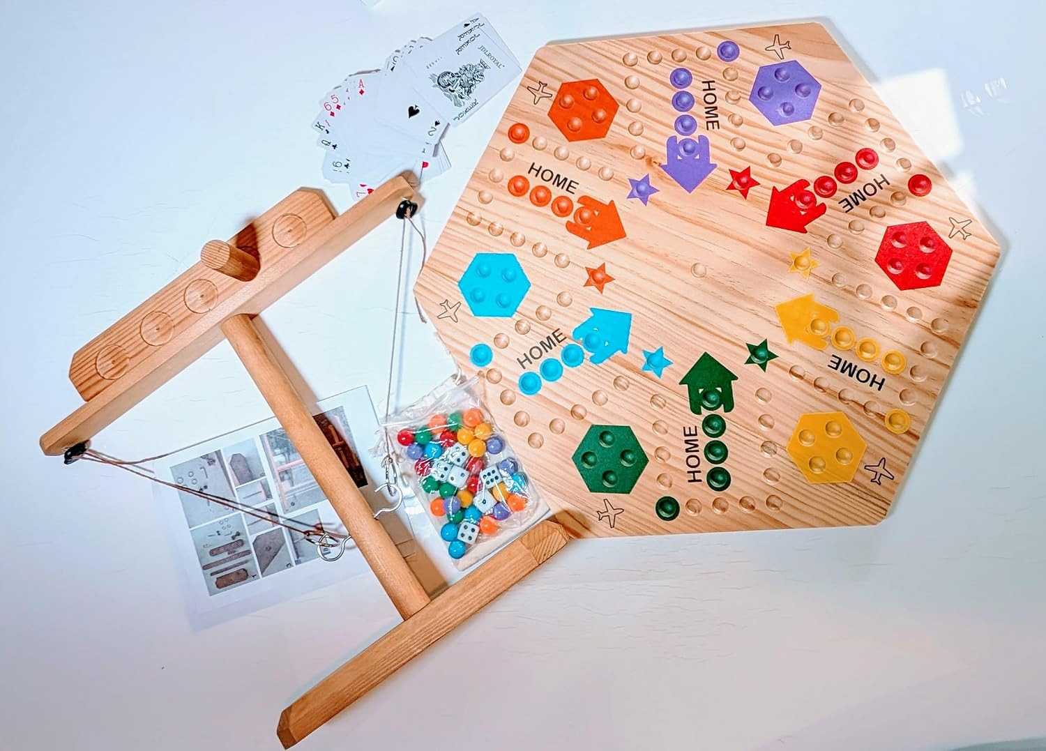 Wooden Wahoo Marble Board Game , Double-Sided, for 2-6 Players, with 24 Marbles