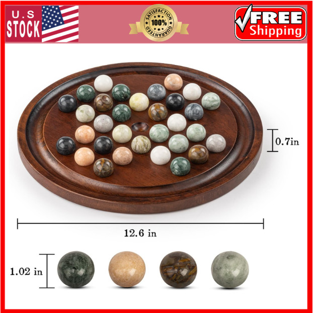12.6” Wooden Solitaire Board Game Single Player Strategy with Marble Balls Set