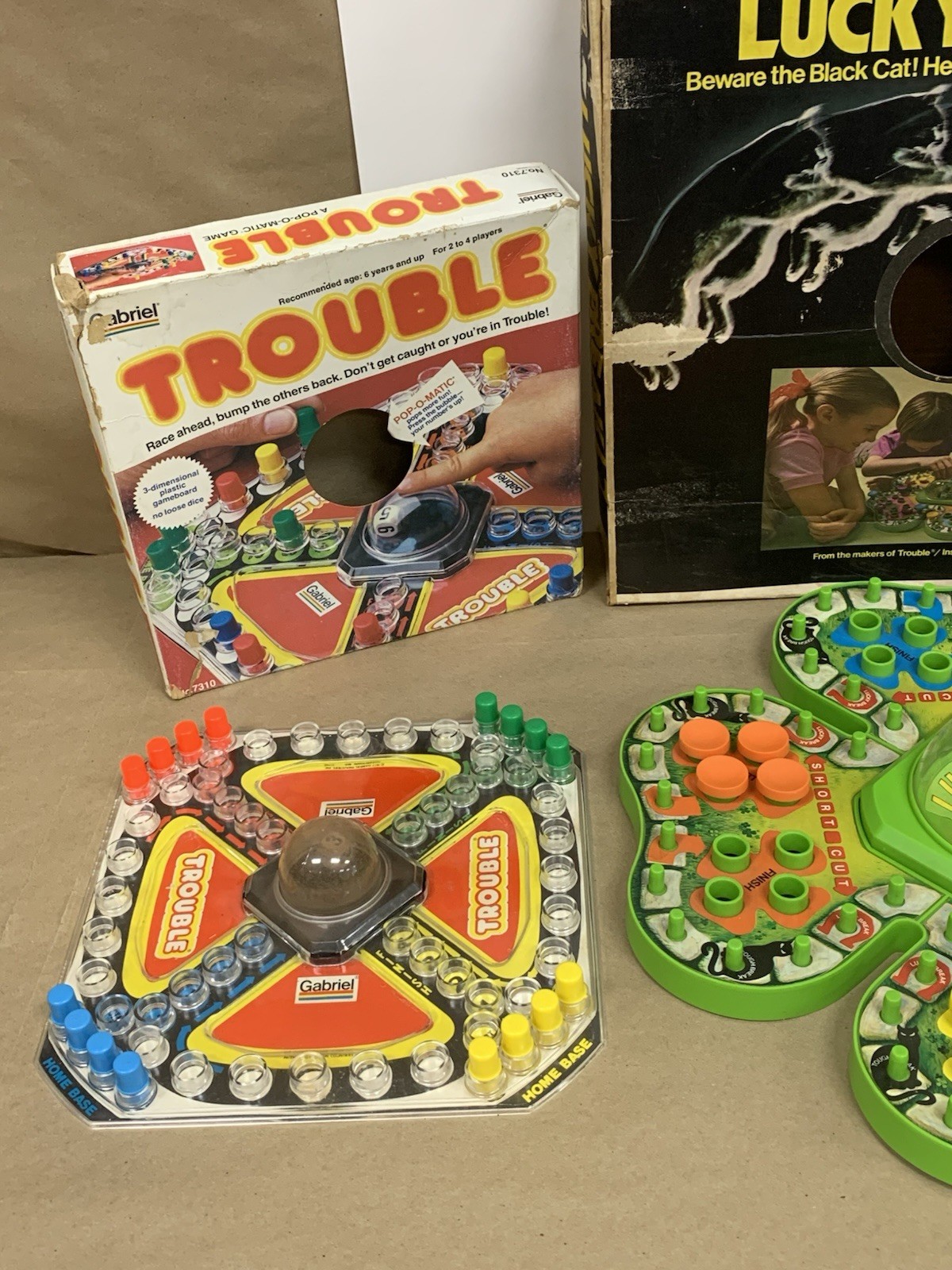 Vintage Family Game 3pc Lot Gabriel PopOMatic Lucky Break Milton Bradley Trouble