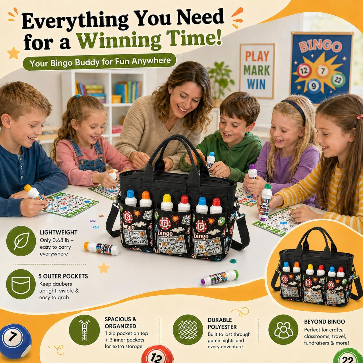 Bingo Bag with Pockets for Daubers, Lightweight Bingo Dauber Bag for Game Night,