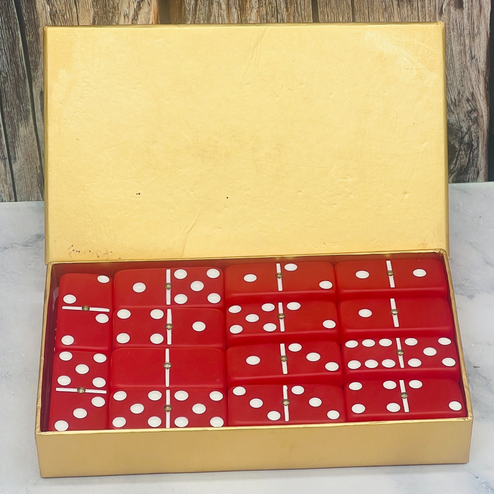 Vintage MCM Cherry Red Double Six 28 Tile Domino Set in Box