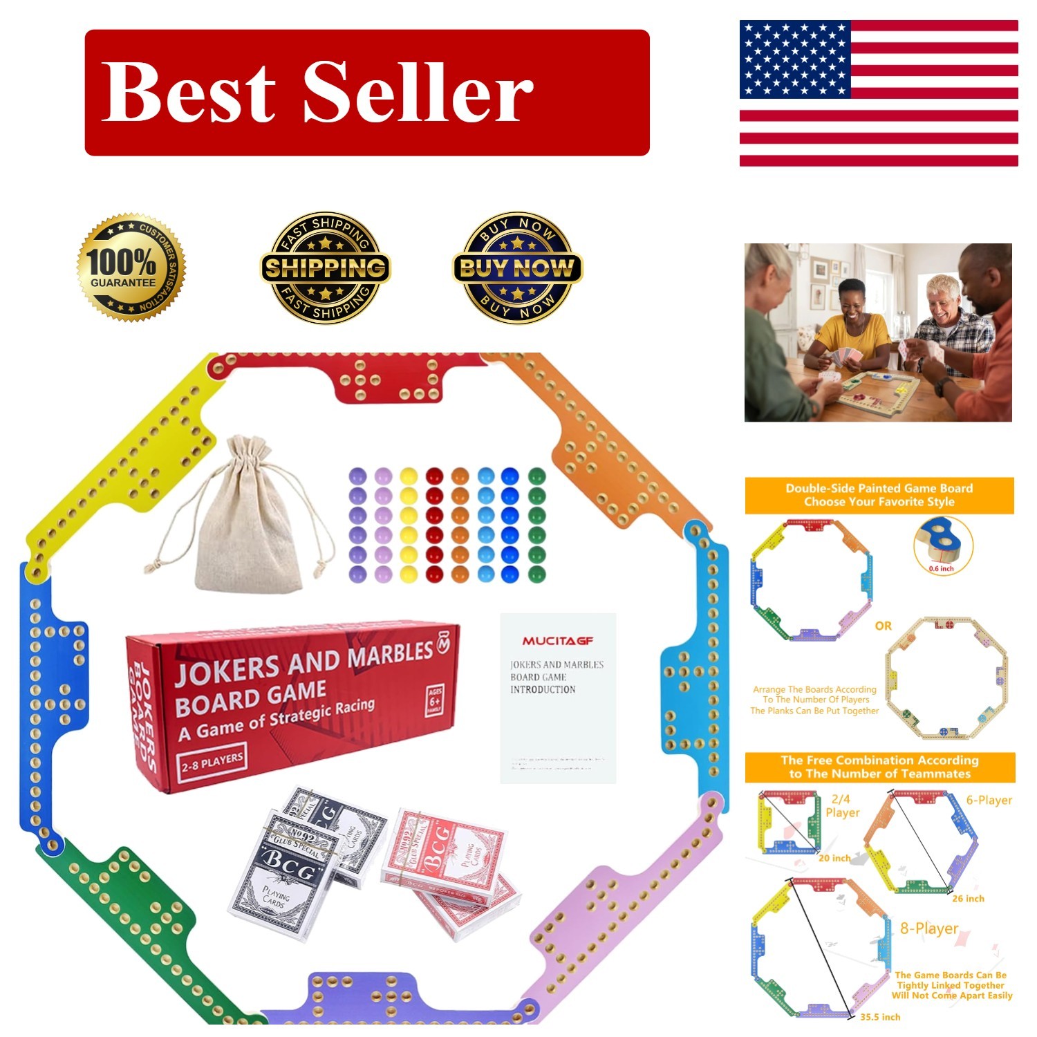 Jokers and Marbles Board Game Set 2-8 Players Wooden Pegs 48 Marbles 4 Decks