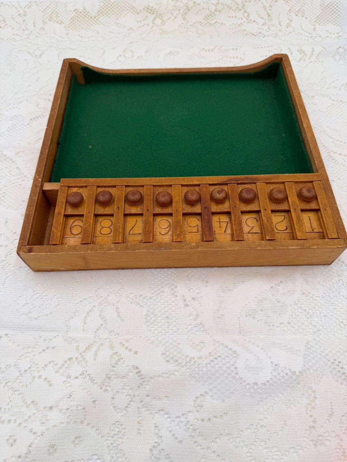 Vintage Shut The Box Wooden Game Felt Surface & Bemis Manufacturing Co. Label