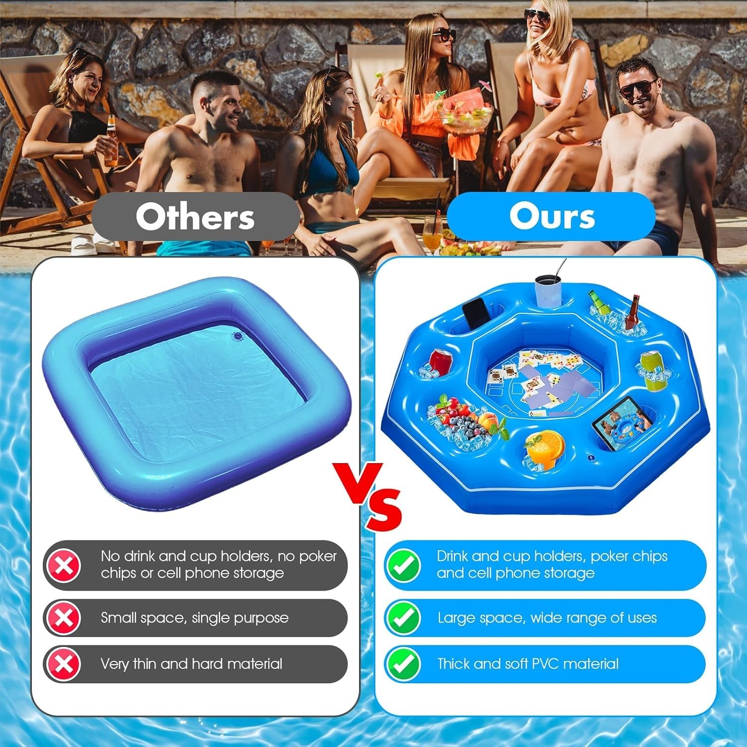 Lanathel Octagonal Inflatable Game Table with Waterproof Cards for Pool Parties