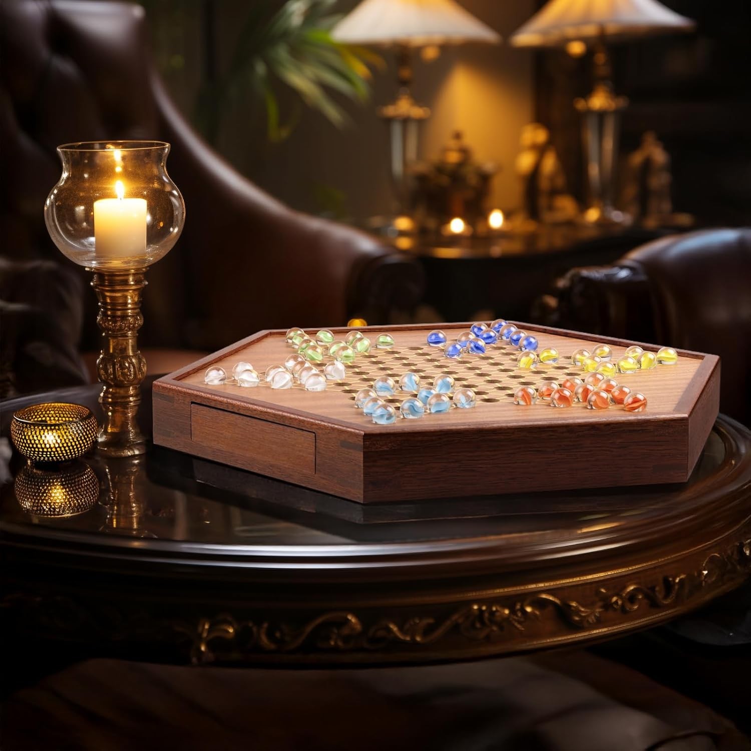 Large 17″ Chinese Checkers Board Game for 2-6 Player Wooden Game Board, 16Mm 60+