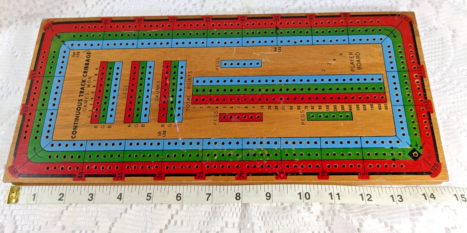 BIG Vtge Continuous Triple 3 Track Cribbage Board Wood 21 Pegs Crib Card Game