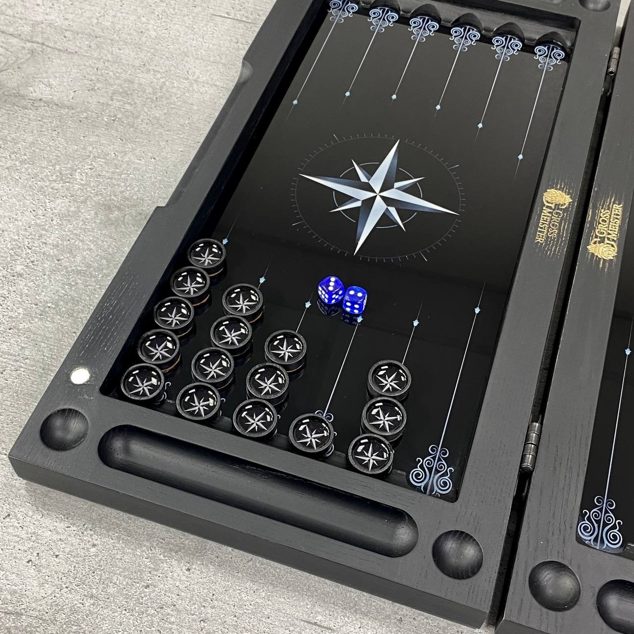 Glass & Wood Backgammon Set with Compass Design, Custom Board Game, 20×10 in