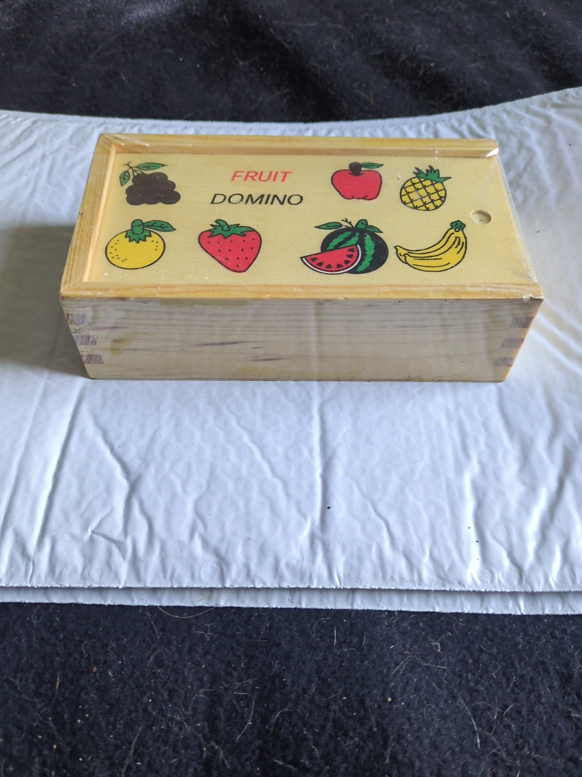 Vtg. Dove Tail Wooden Box Colorful Fruit Domino Set Sealed NOS New Kids Game
