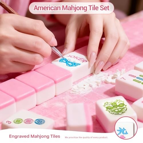 166 Pink Mahjong Tiles Set with Carrying Bag & Accessories – Portable Travel Gam